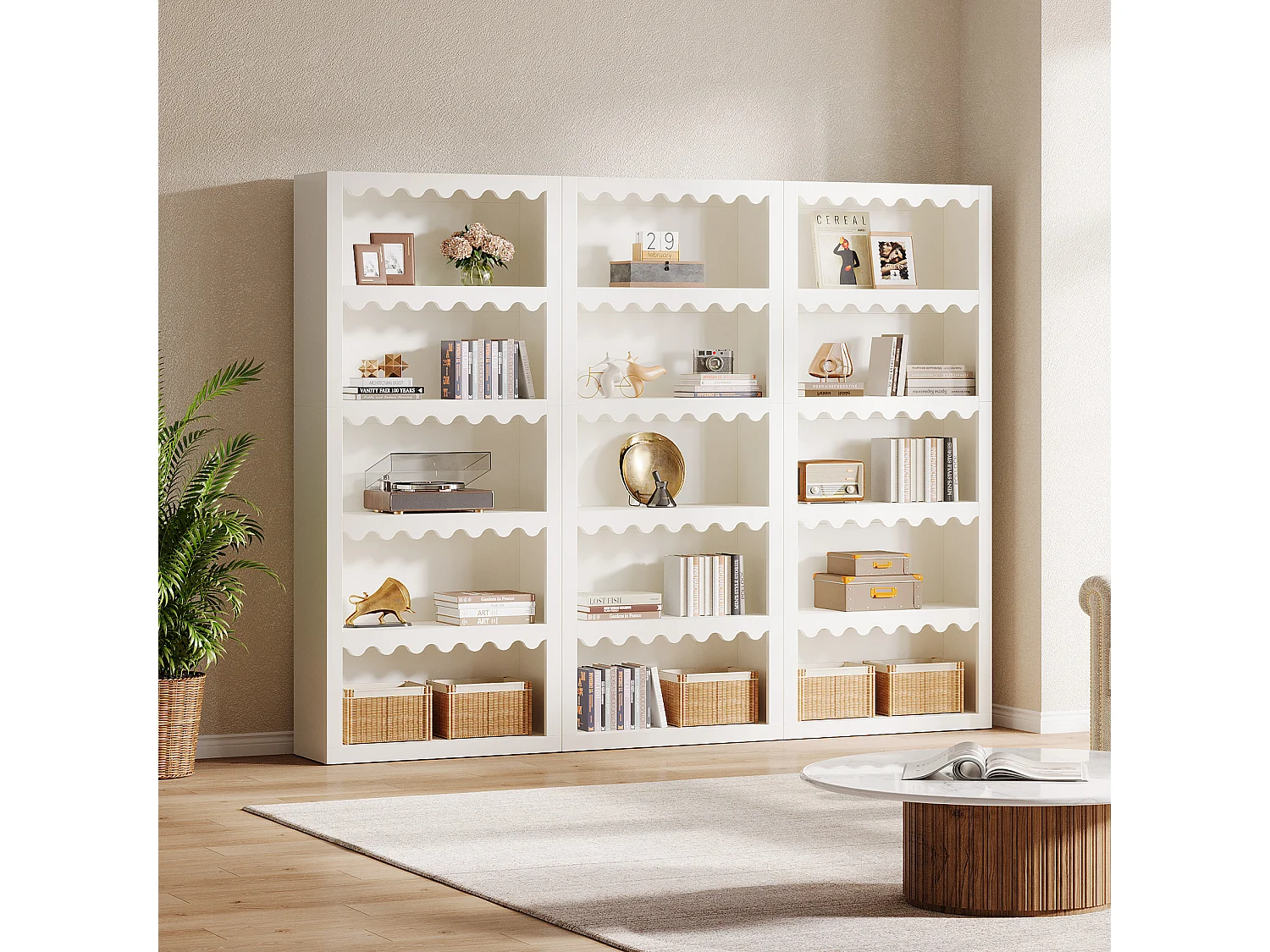 Bibliothèque ouverte à 5 niveaux, étagère blanche de 180 cm de haut avec bords festonnés