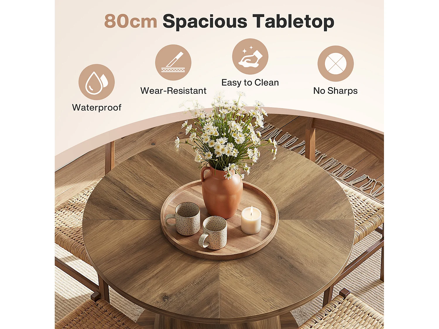 Tavolo da pranzo rotondo per 2 persone - MDF - Marrone 80 x 80 x 75 cm Sedie non incluse