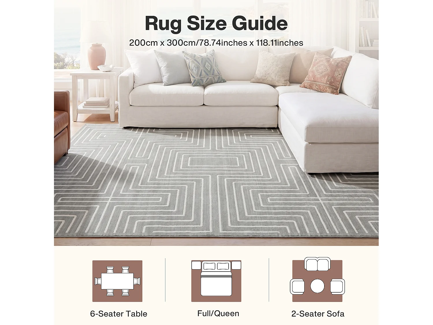 Tapis modernes pour salon - Tapis géométriques lavables - 200 x 300 cm Gris