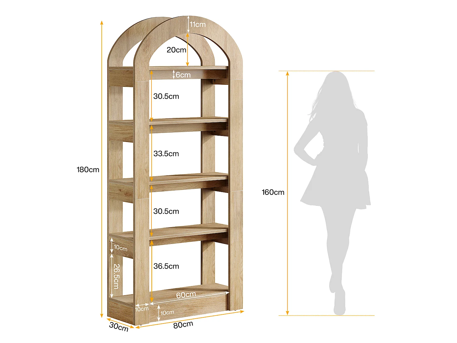 Étagère à 5 niveaux, étagères en forme d'arche, bibliothèque haute en bois avec présentoir