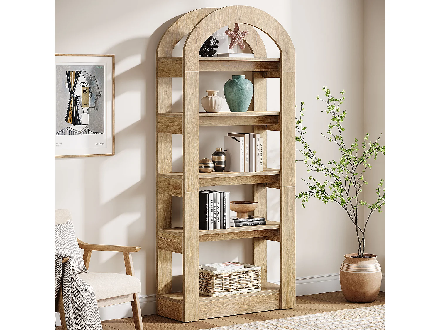 Étagère à 5 niveaux, étagères en forme d'arche, bibliothèque haute en bois avec présentoir