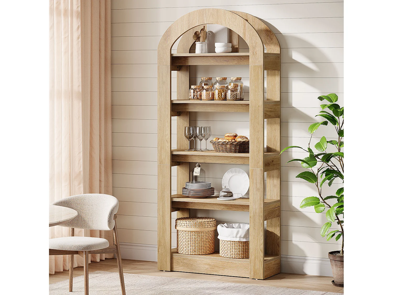 Étagère à 5 niveaux, étagères en forme d'arche, bibliothèque haute en bois avec présentoir