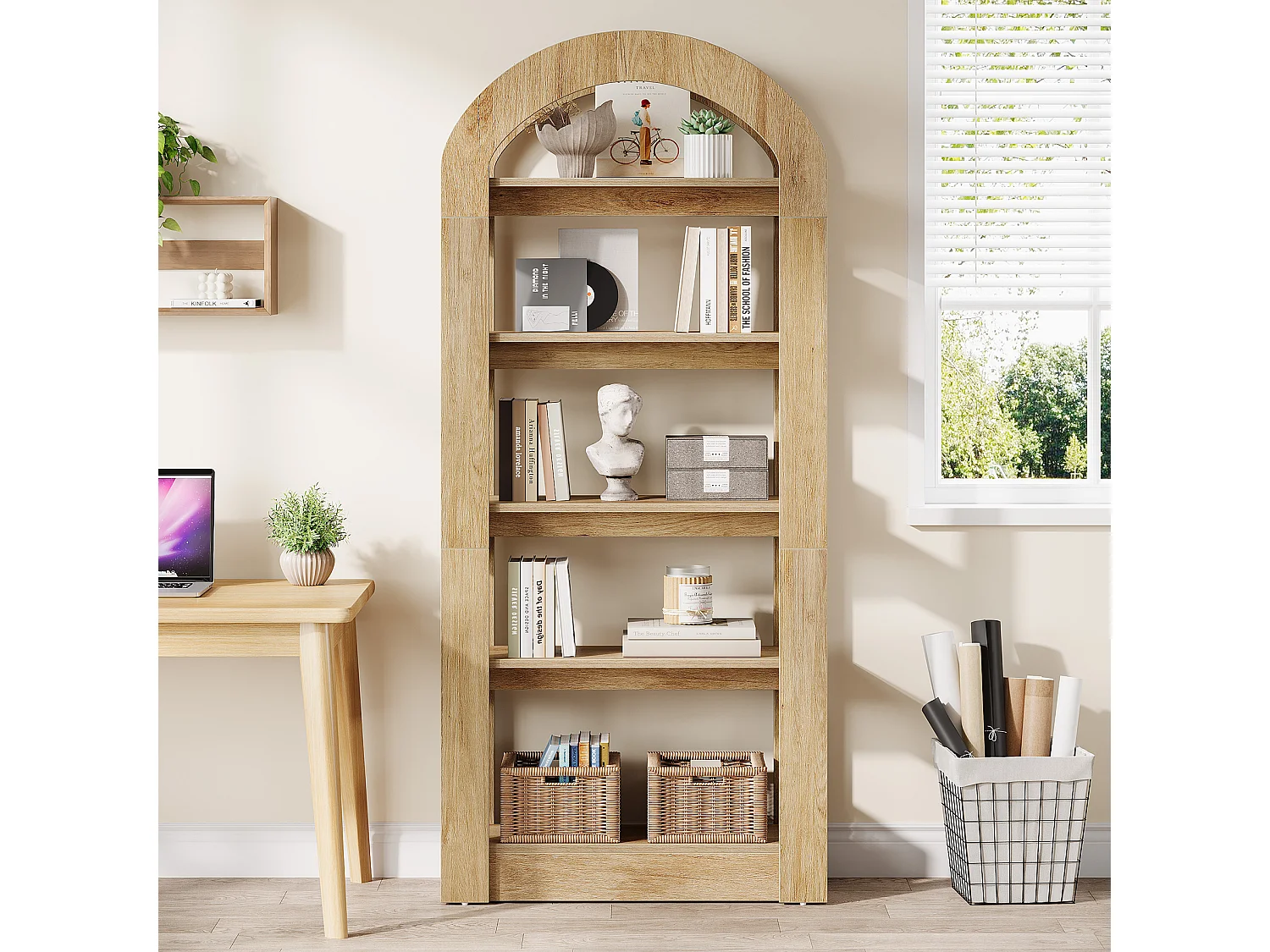 Étagère à 5 niveaux, étagères en forme d'arche, bibliothèque haute en bois avec présentoir