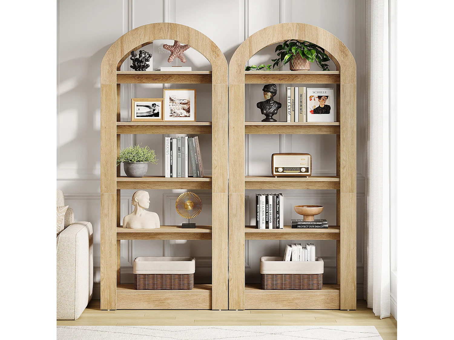 Étagère à 5 niveaux, étagères en forme d'arche, bibliothèque haute en bois avec présentoir