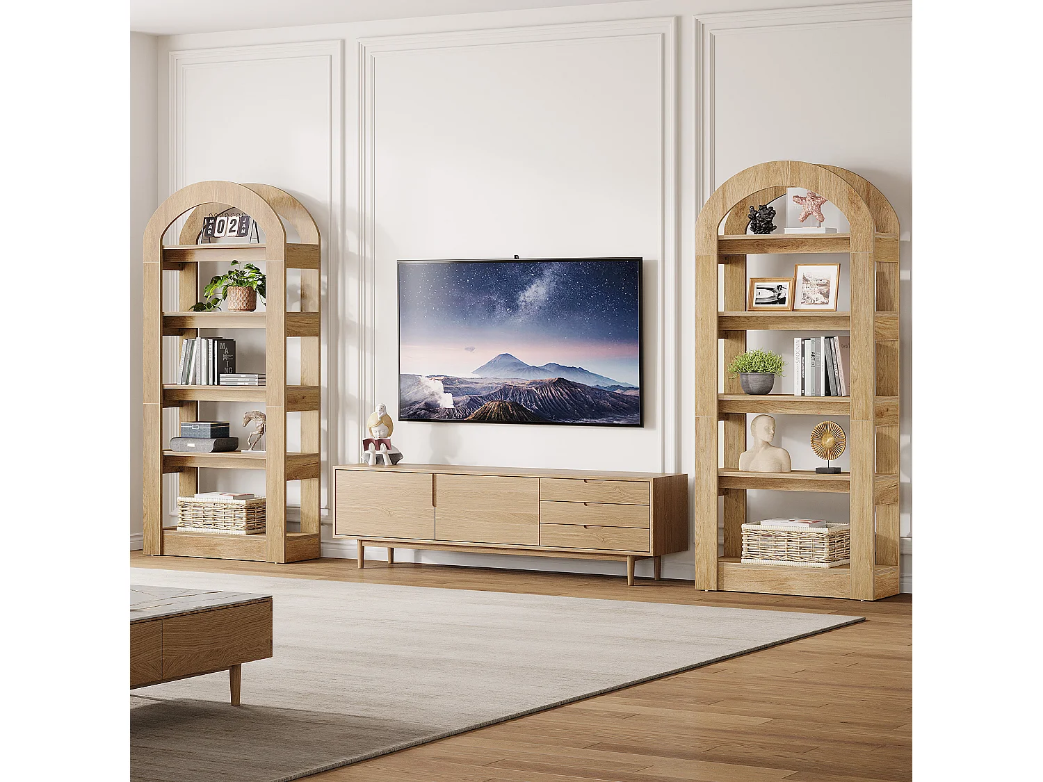 Étagère à 5 niveaux, étagères en forme d'arche, bibliothèque haute en bois avec présentoir