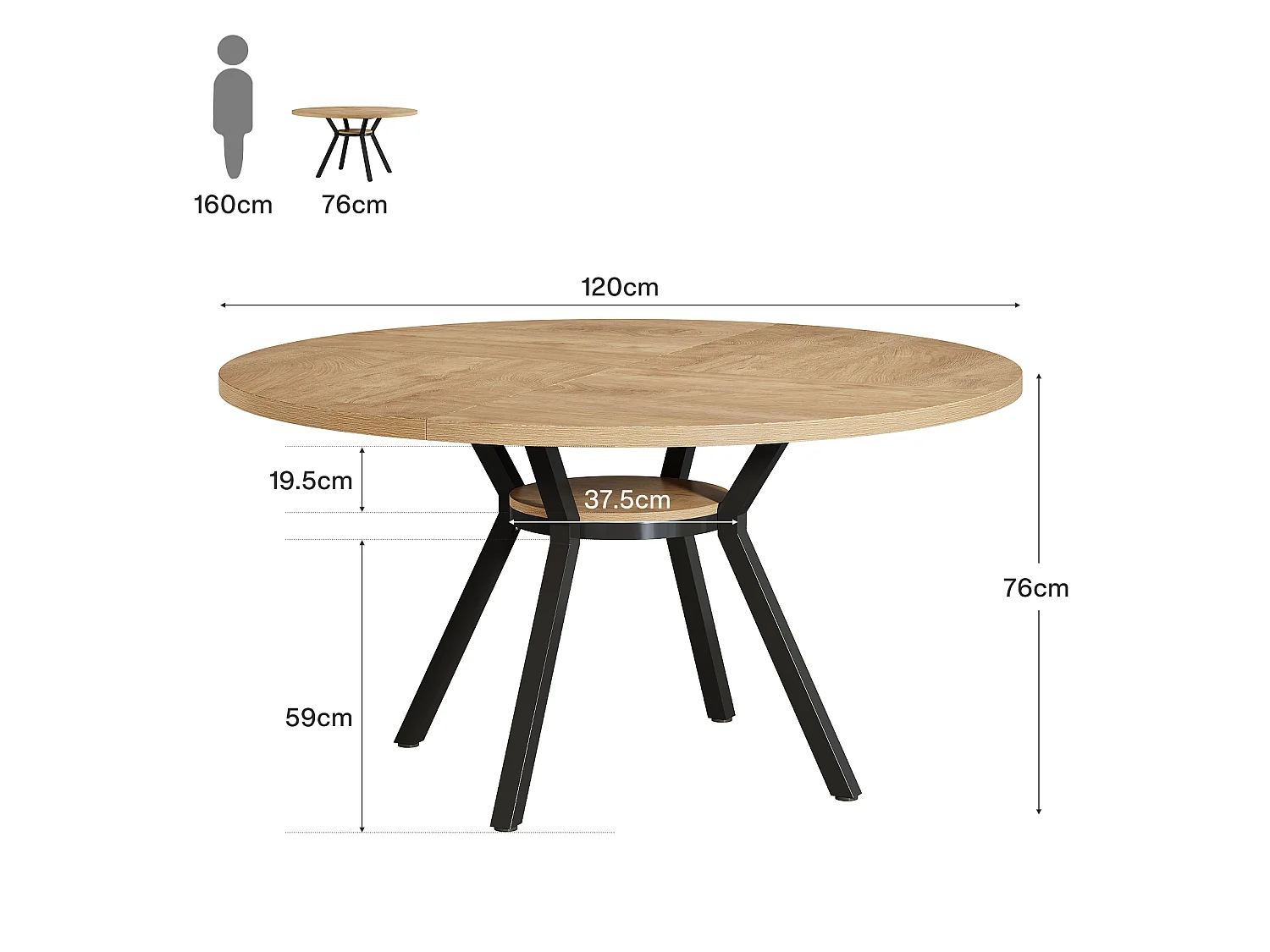 Mesa de Jantar Redonda para 4 Pessoas em MDF e Metal - Natural Claro 120 x 120 x 75 cm