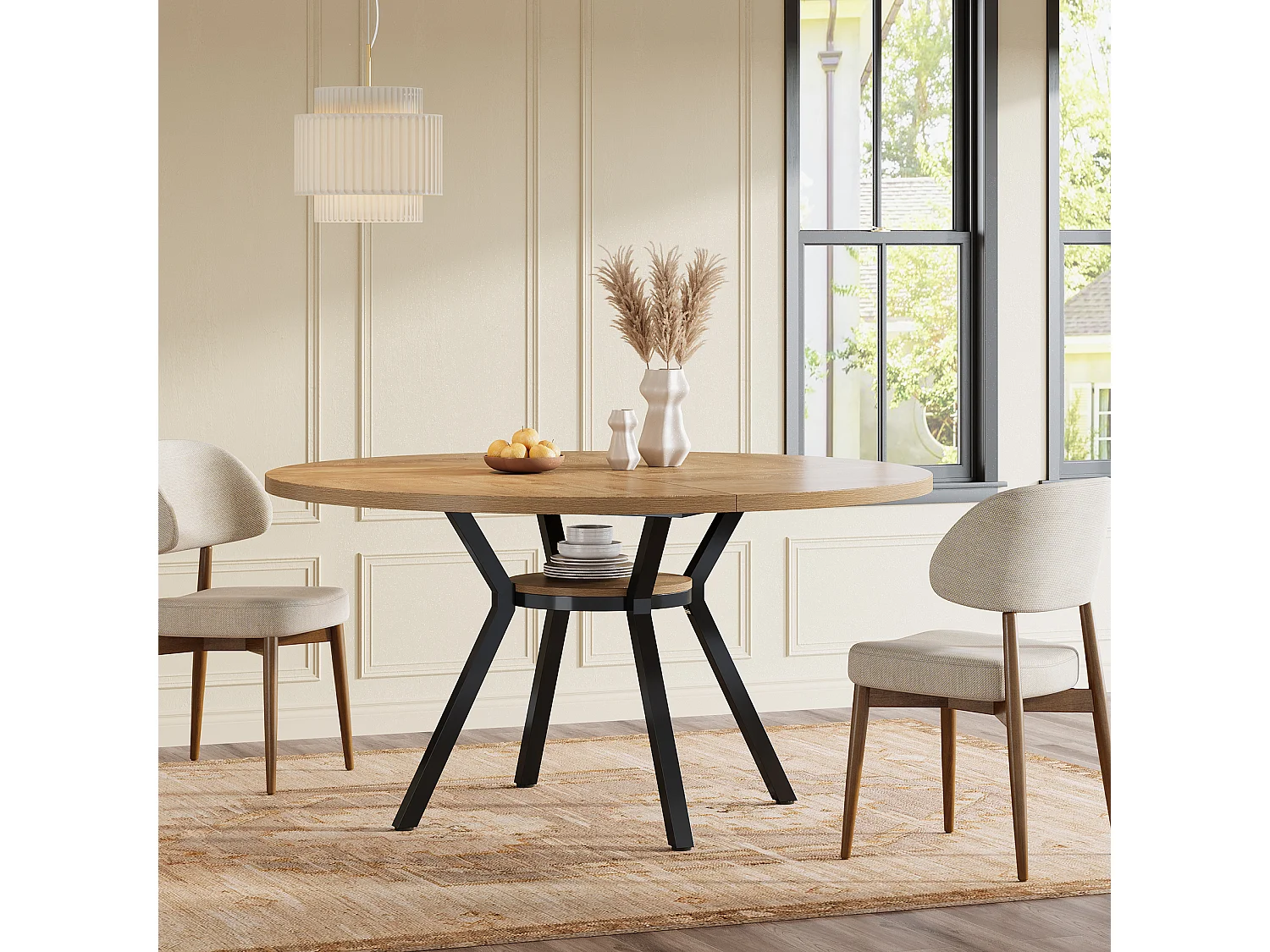 Mesa de Jantar Redonda para 4 Pessoas em MDF e Metal - Natural Claro 120 x 120 x 75 cm