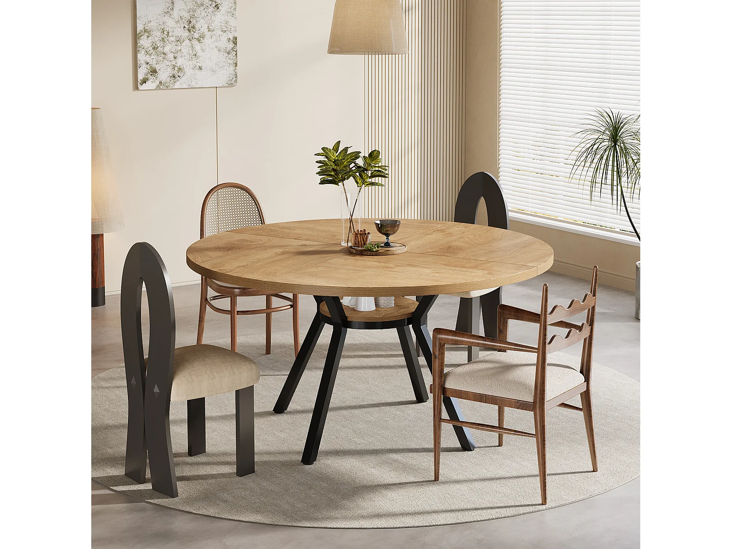 Mesa de Jantar Redonda para 4 Pessoas em MDF e Metal - Natural Claro 120 x 120 x 75 cm
