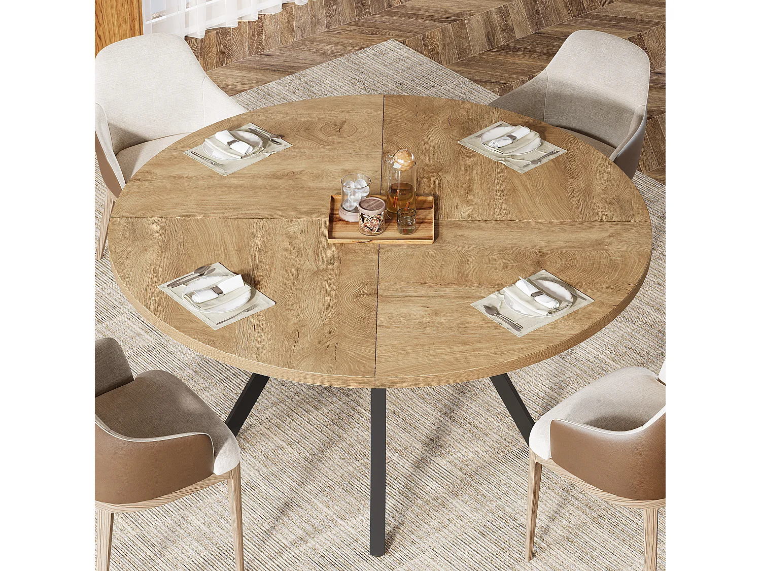 Mesa de Jantar Redonda para 4 Pessoas em MDF e Metal - Natural Claro 120 x 120 x 75 cm