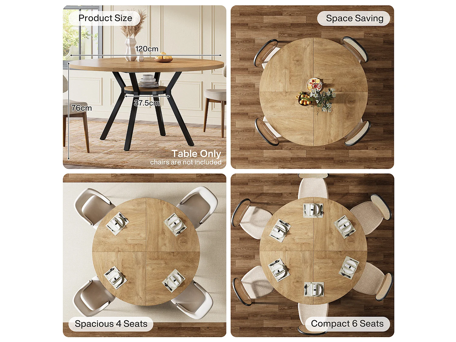 Mesa de Jantar Redonda para 4 Pessoas em MDF e Metal - Natural Claro 120 x 120 x 75 cm