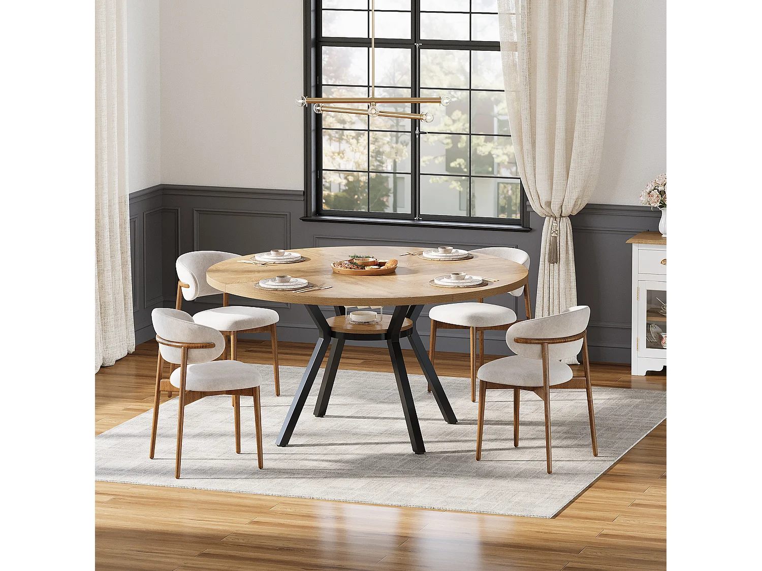 Mesa de Jantar Redonda para 4 Pessoas em MDF e Metal - Natural Claro 120 x 120 x 75 cm
