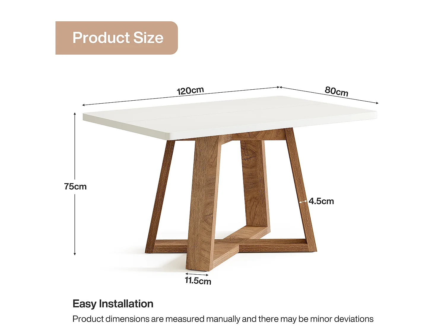 Table à manger Rectangle 4 personnes en MDF - Blanc 120 x 80 x 75 cm