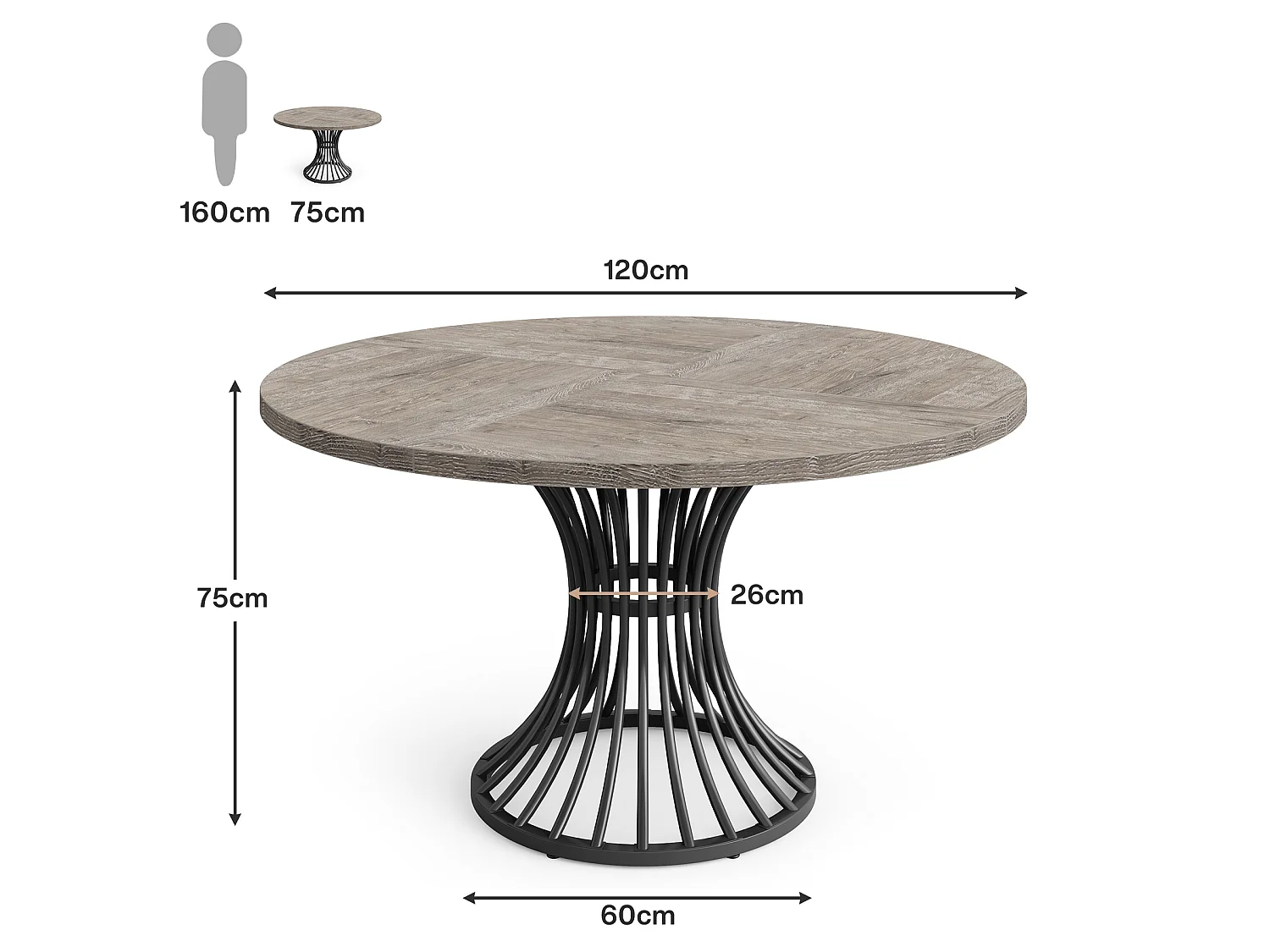 Runt matbord för 4 personer med metallbas - MDF - Grå 119 x 119 x 76,5 cm Stolar ingår ej