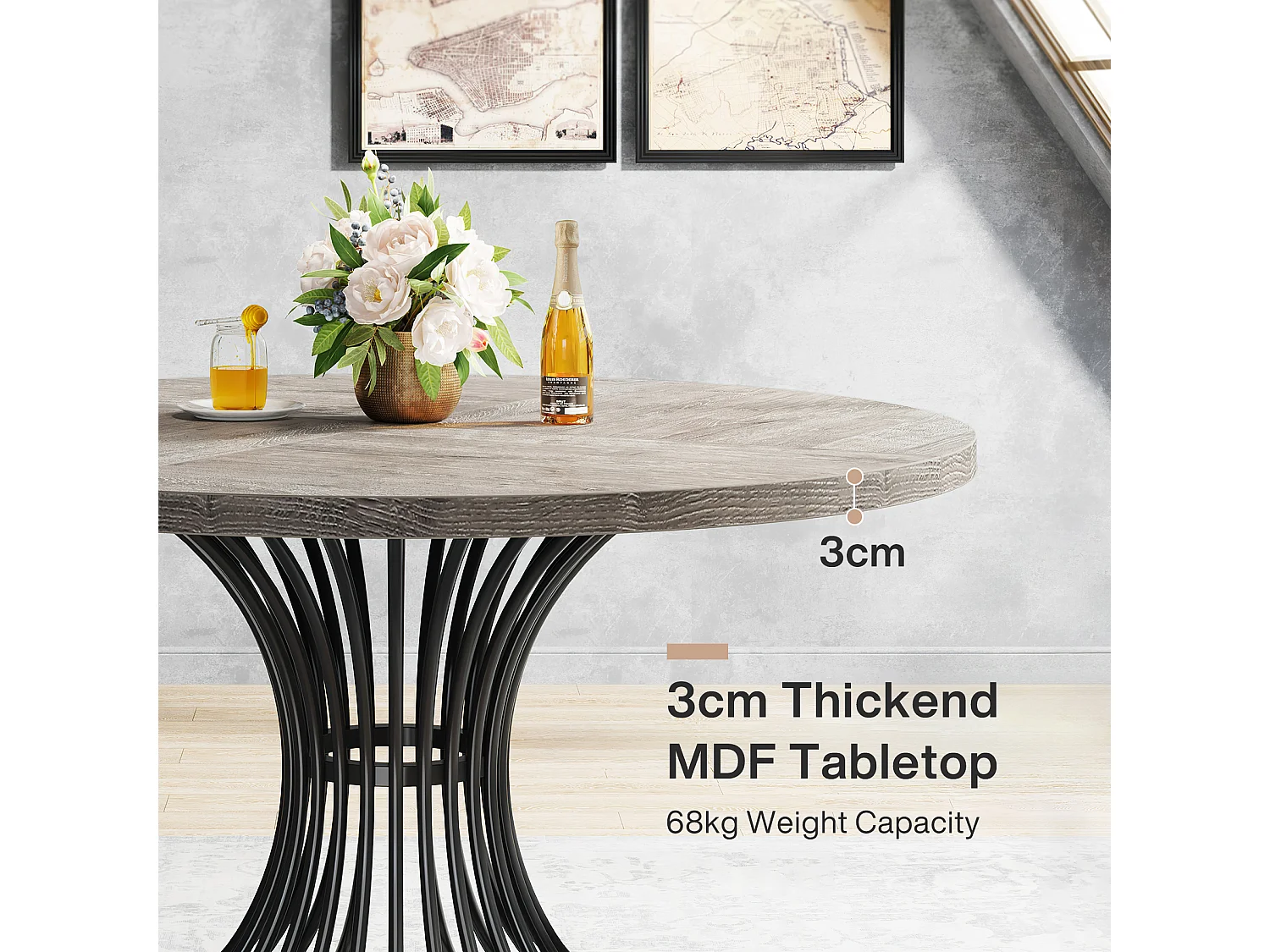 Runt matbord för 4 personer med metallbas - MDF - Grå 119 x 119 x 76,5 cm Stolar ingår ej