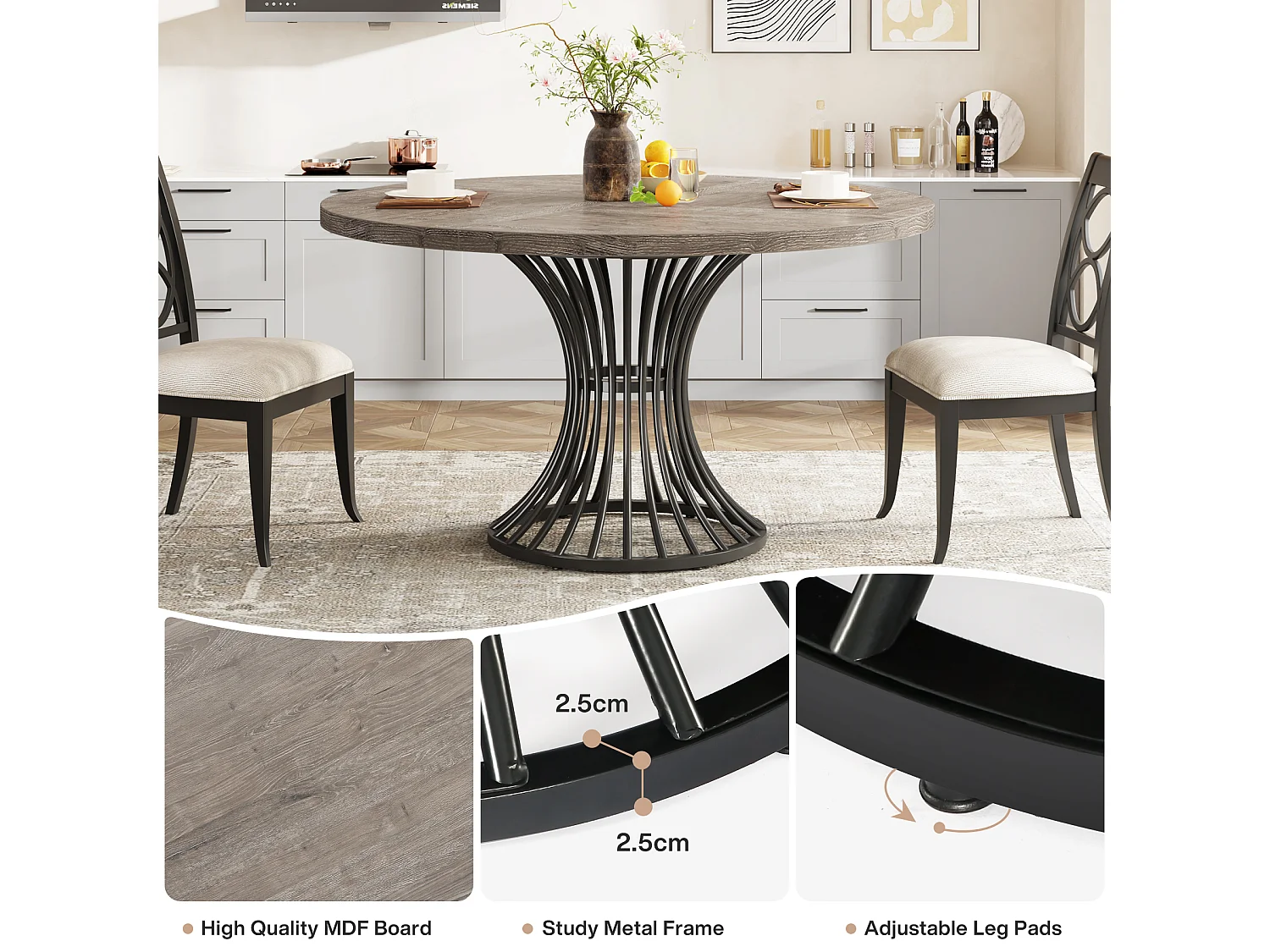 Runt matbord för 4 personer med metallbas - MDF - Grå 119 x 119 x 76,5 cm Stolar ingår ej