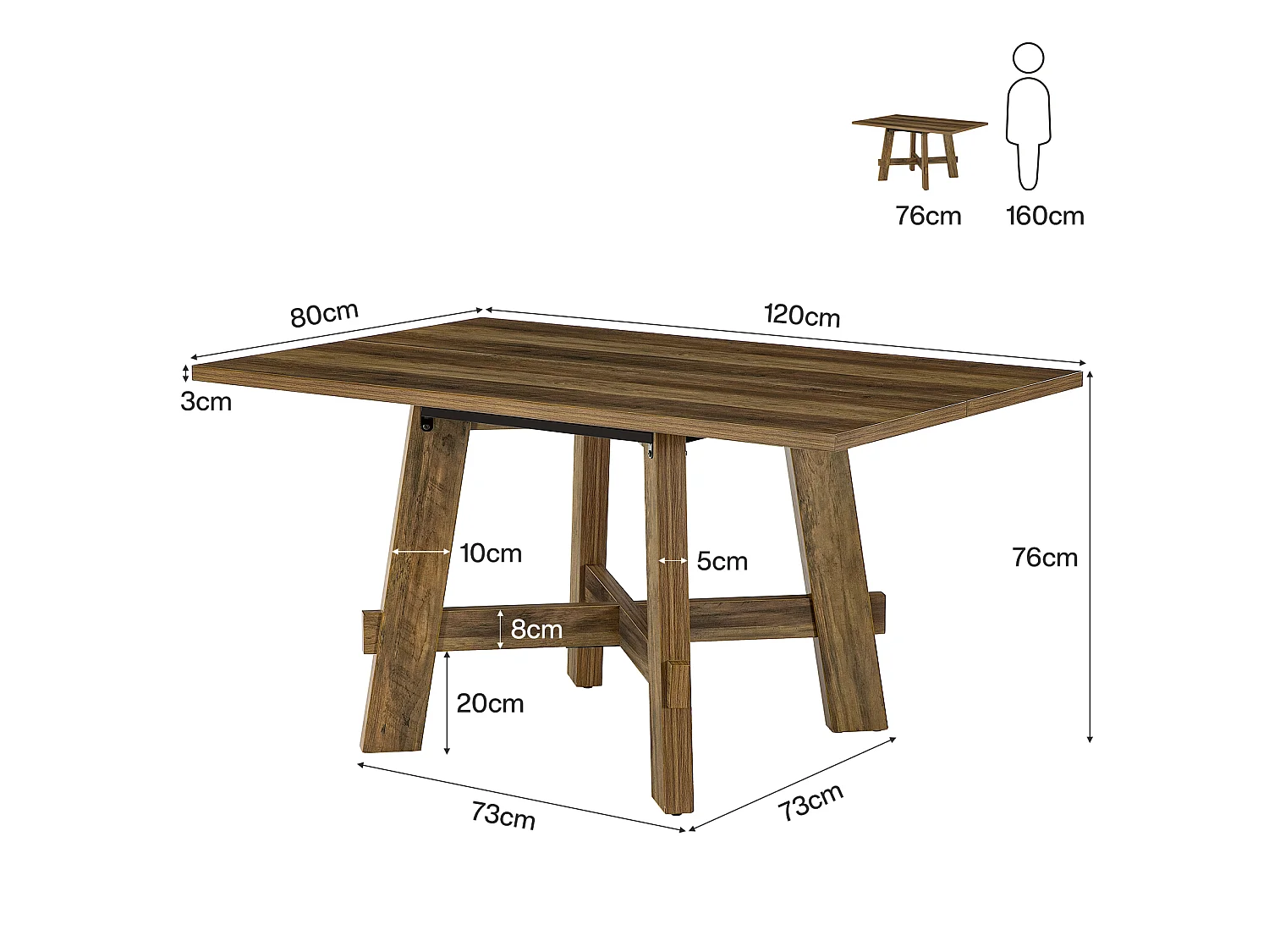 Rechthoekige eettafel voor 4 personen - MDF - Bruin 120 x 79 x 75 cm Stoelen niet inbegrepen