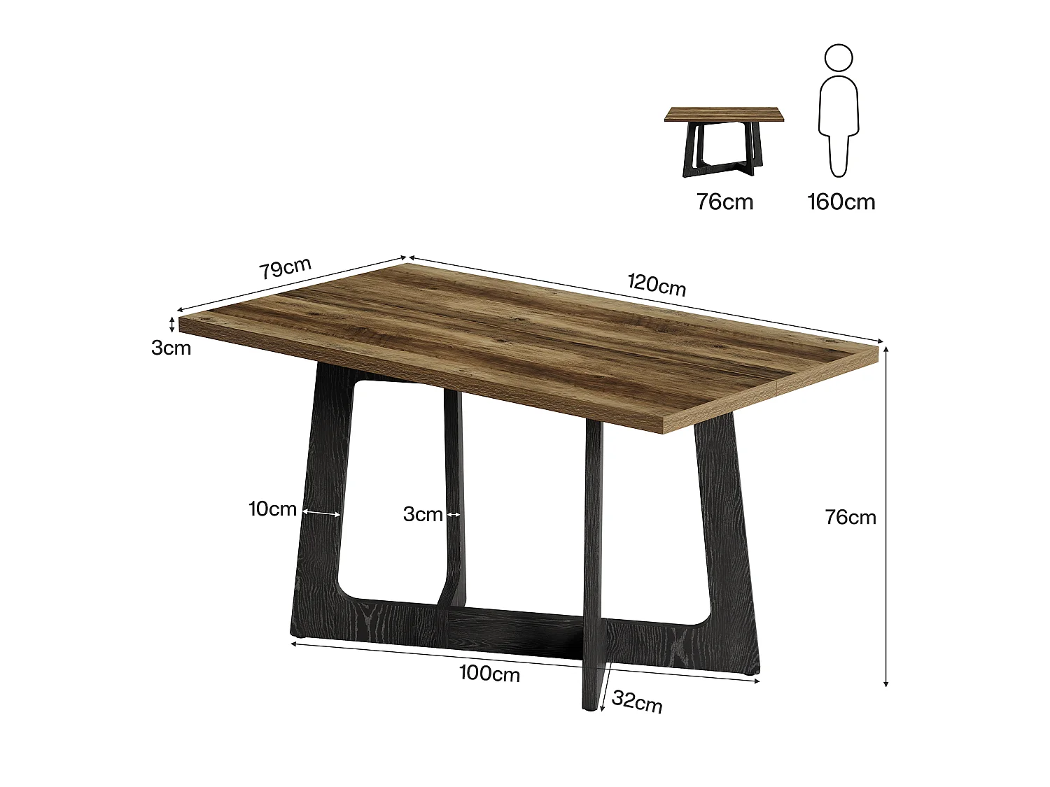 Rechthoekige eettafel voor 4 personen met metalen onderstel - MDF - Bruin 120 x 80 x 75 cm Stoelen niet inbegrepen