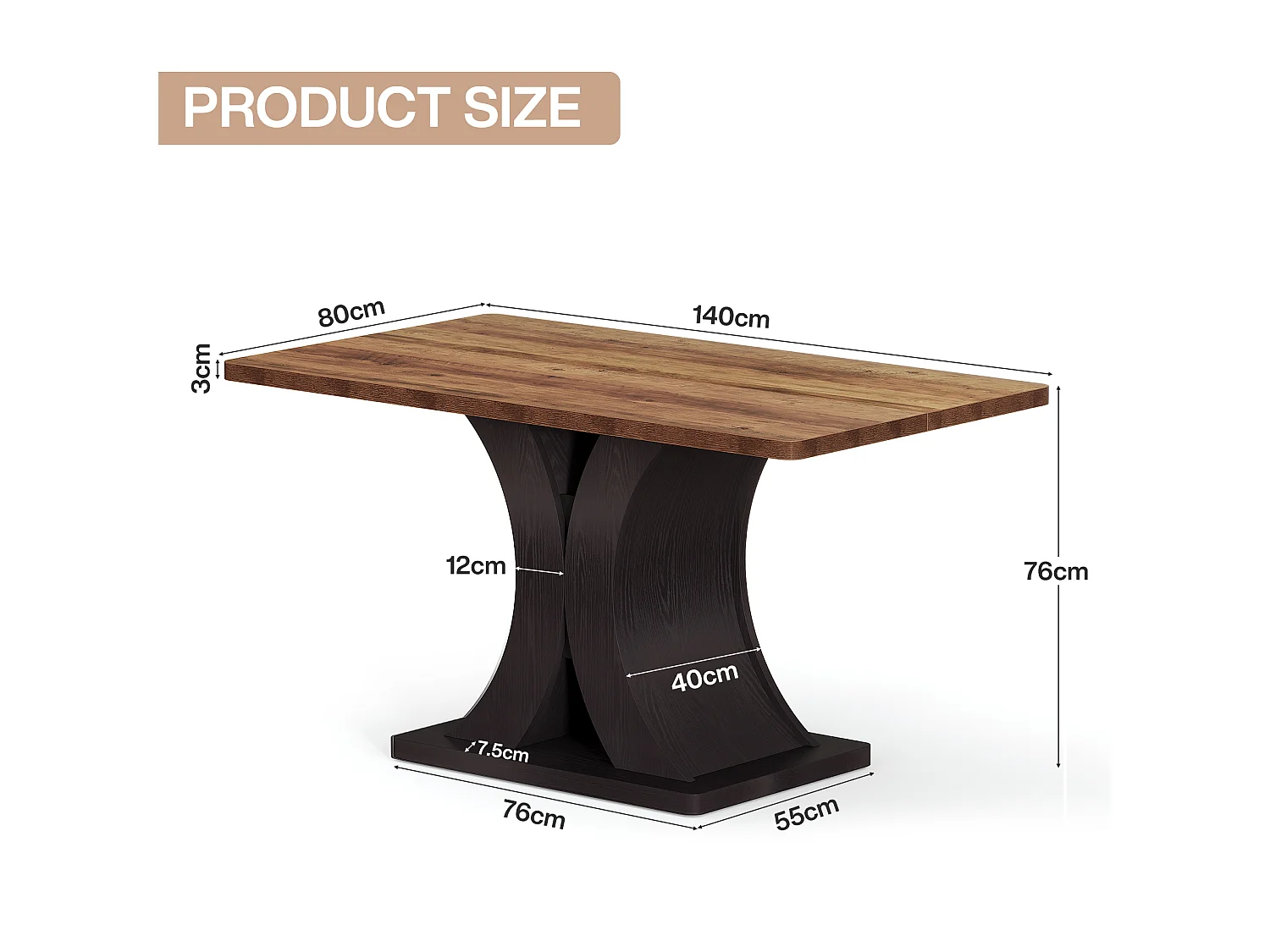 Rechthoekige eettafel voor 4-6 personen - MDF - Bruin 140 x 80 x 76 cm Stoelen niet inbegrepen