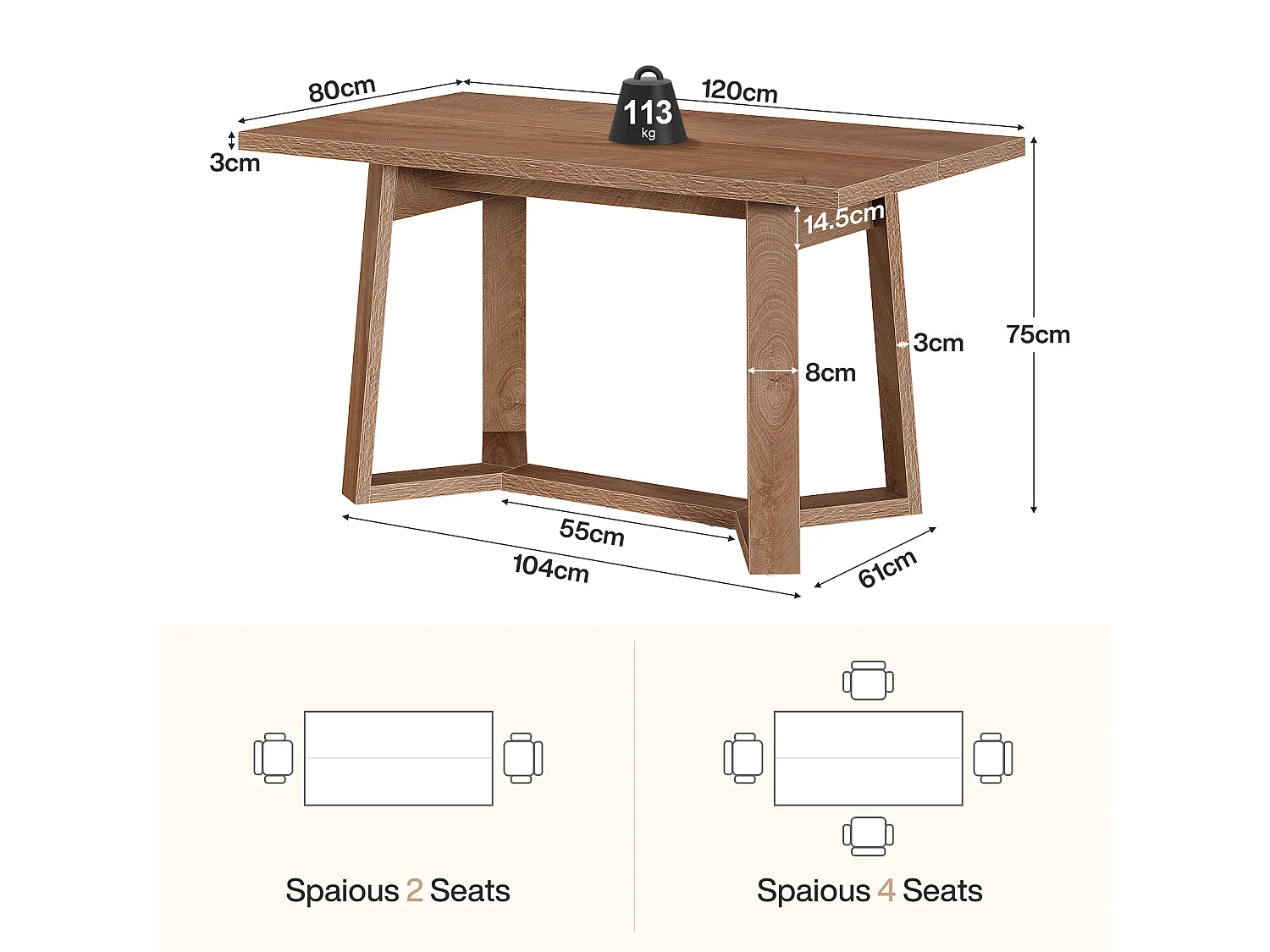 Table à manger Rectangle 4 personnes en MDF - Naturel clair 120 x 80 x 76 cm