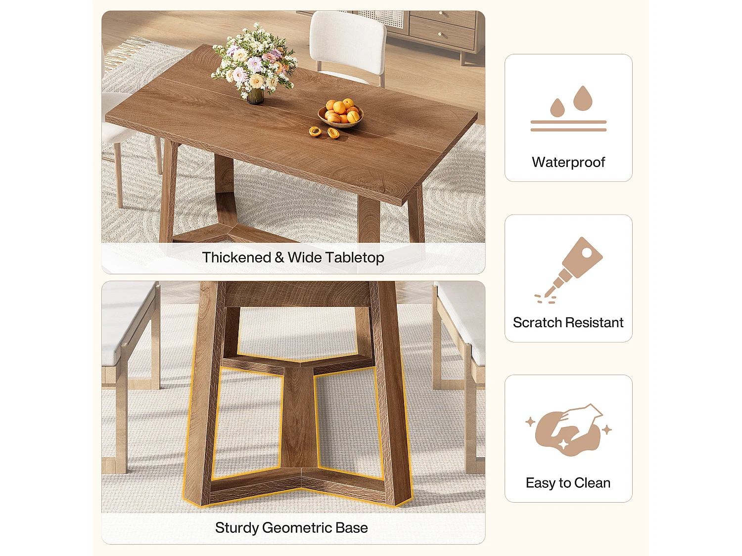 Table à manger Rectangle 4 personnes en MDF - Naturel clair 120 x 80 x 76 cm
