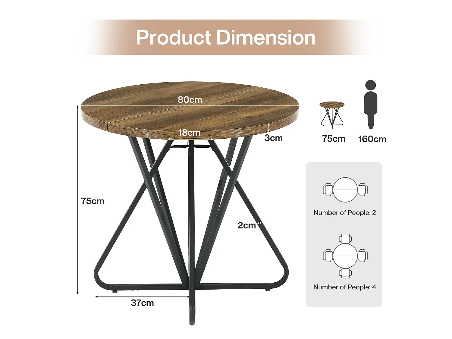 Tavolo da pranzo rotondo per 2 persone con base in metallo - MDF - Marrone 80 x 80 x 75 cm Sedie non incluse