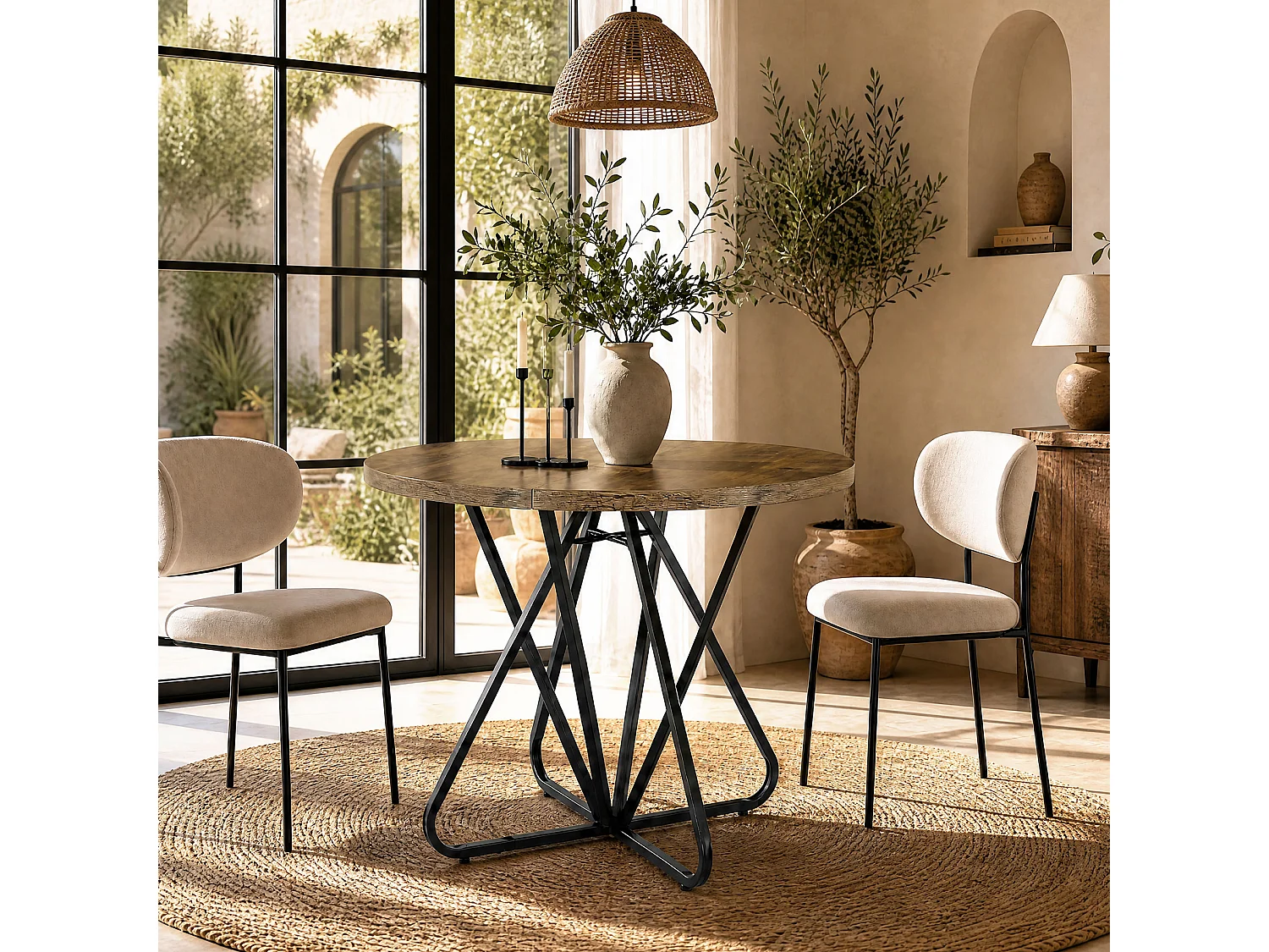 Tavolo da pranzo rotondo per 2 persone con base in metallo - MDF - Marrone 80 x 80 x 75 cm Sedie non incluse