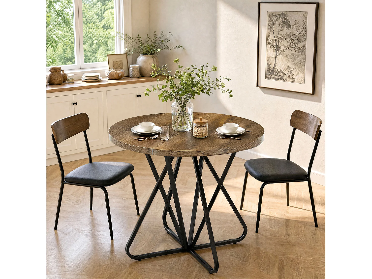 Tavolo da pranzo rotondo per 2 persone con base in metallo - MDF - Marrone 80 x 80 x 75 cm Sedie non incluse