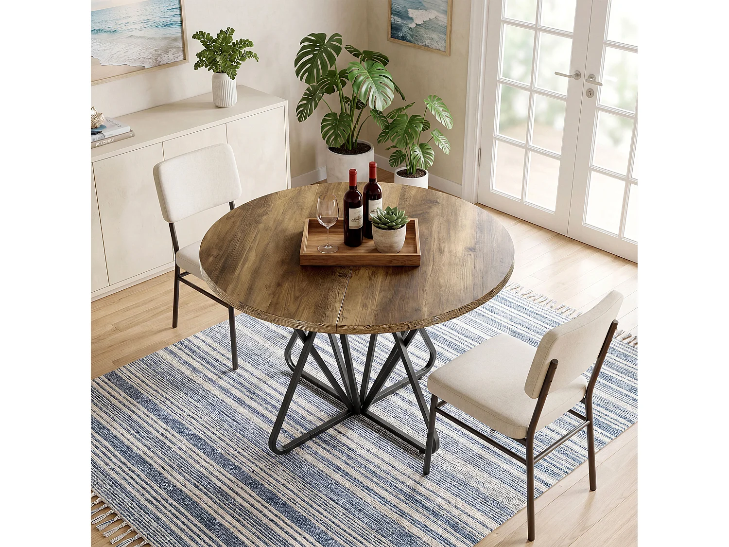Tavolo da pranzo rotondo per 2 persone con base in metallo - MDF - Marrone 80 x 80 x 75 cm Sedie non incluse