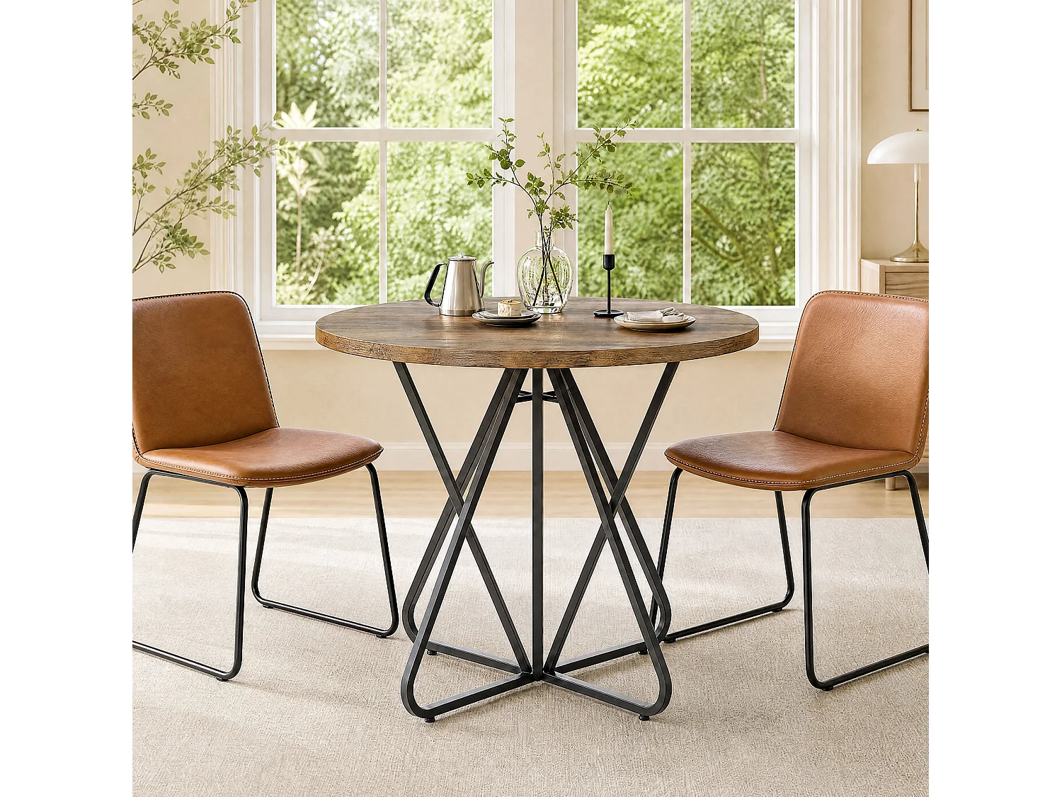 Tavolo da pranzo rotondo per 2 persone con base in metallo - MDF - Marrone 80 x 80 x 75 cm Sedie non incluse