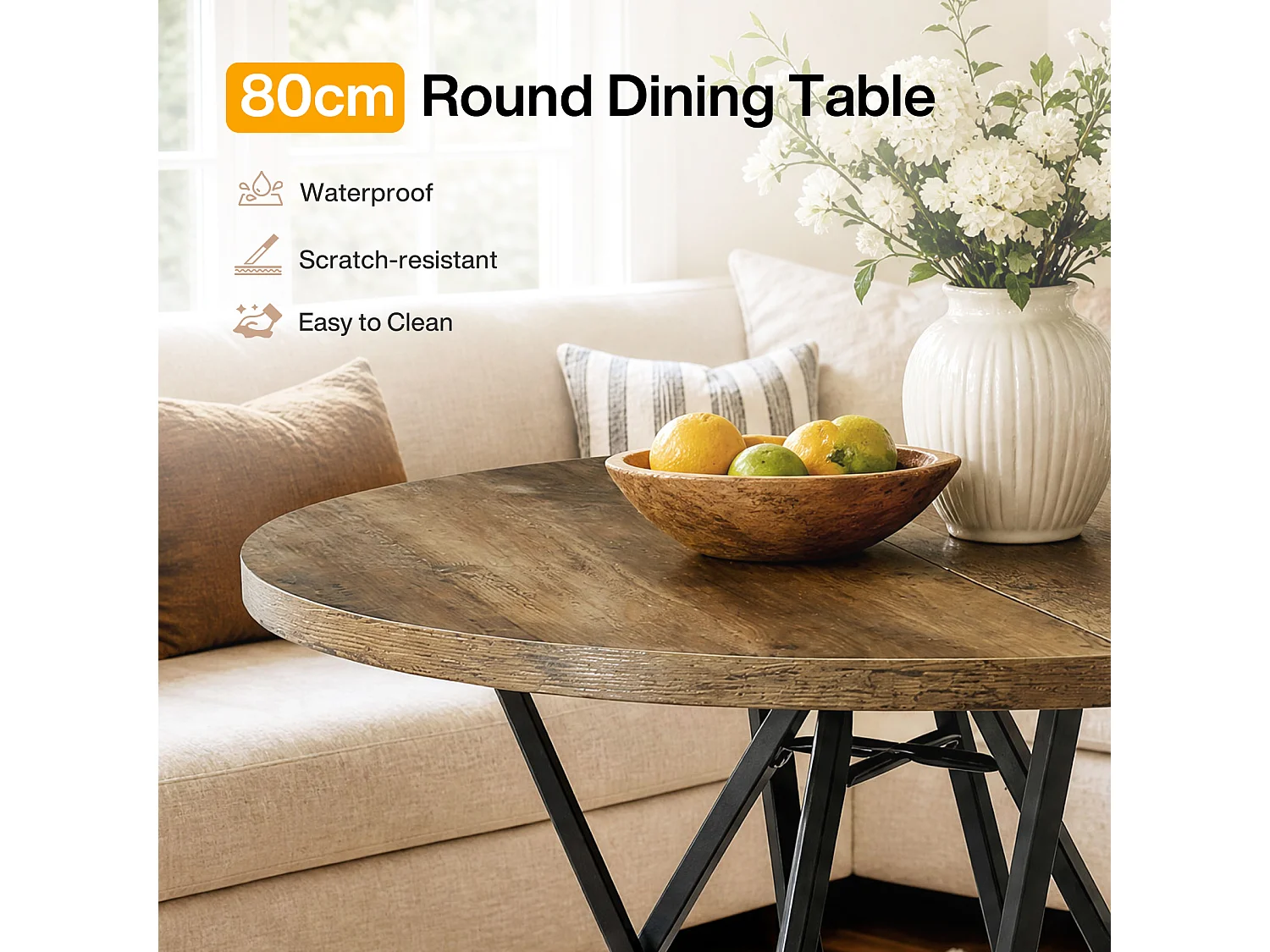 Tavolo da pranzo rotondo per 2 persone con base in metallo - MDF - Marrone 80 x 80 x 75 cm Sedie non incluse