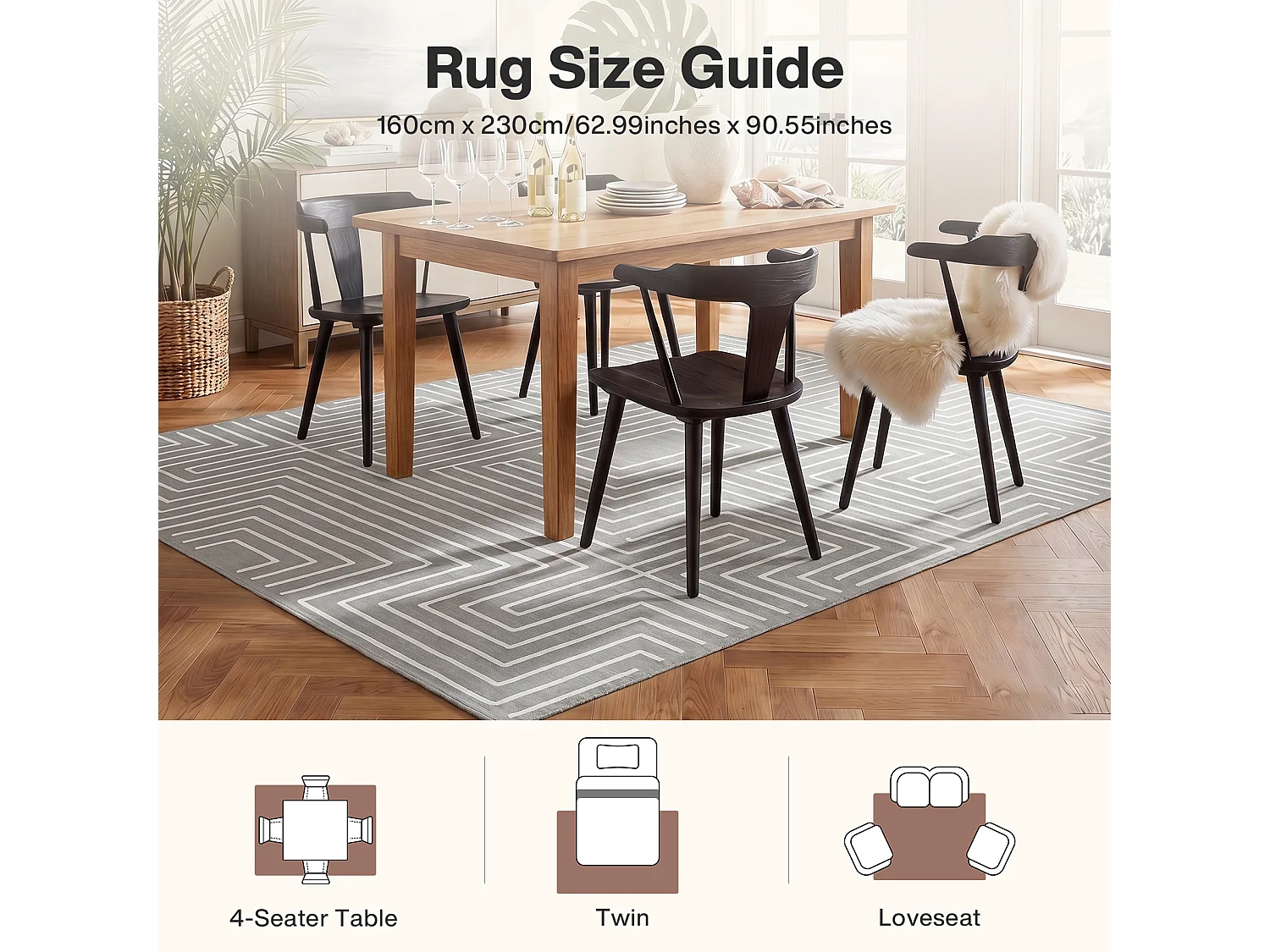 Tapis modernes pour salon - Tapis géométriques lavables - 160 x 230 cm Gris