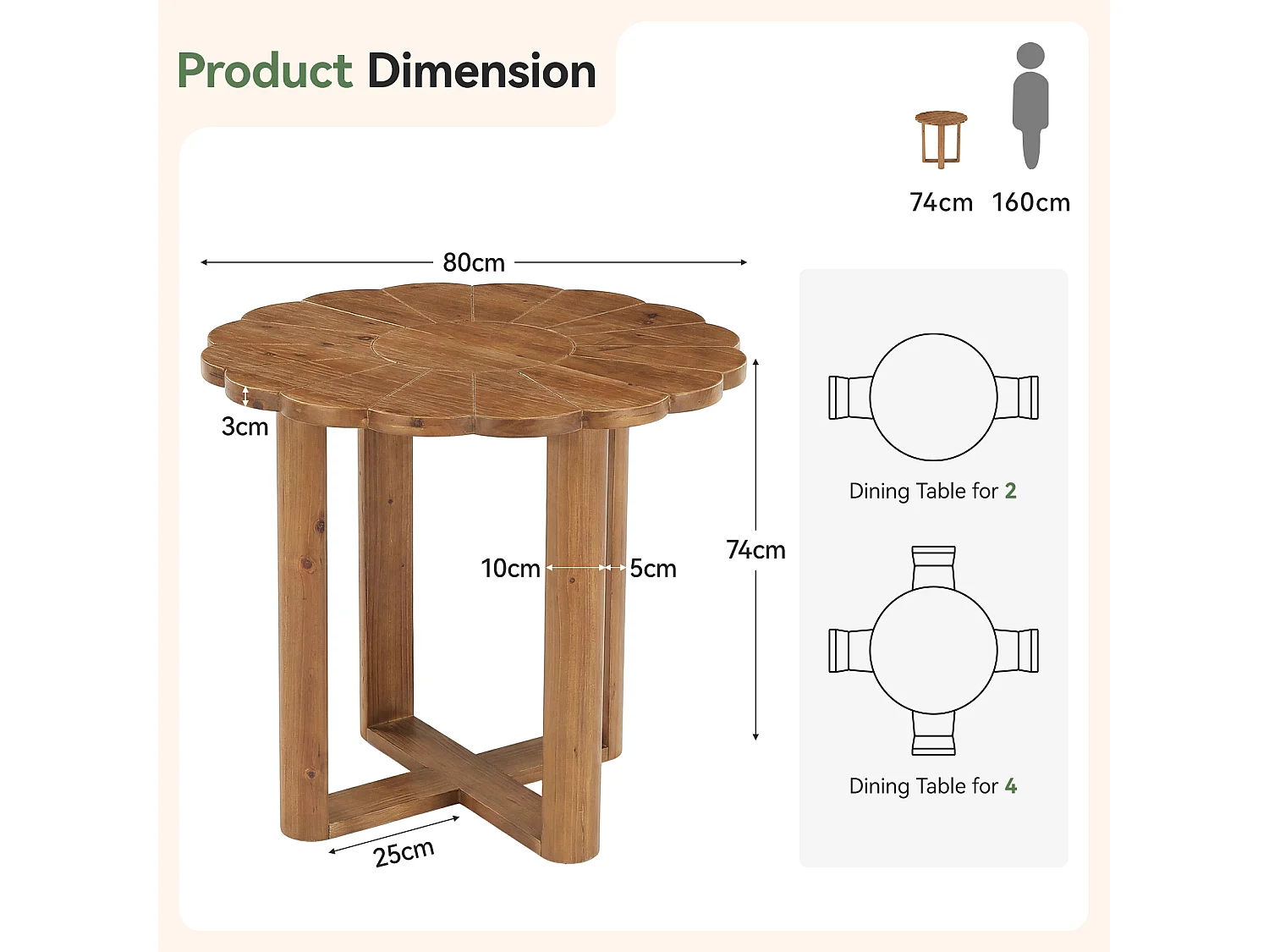 Tavolo da pranzo rotondo per 2 persone - MDF - Marrone 80 x 80 x 75 cm Sedie non incluse