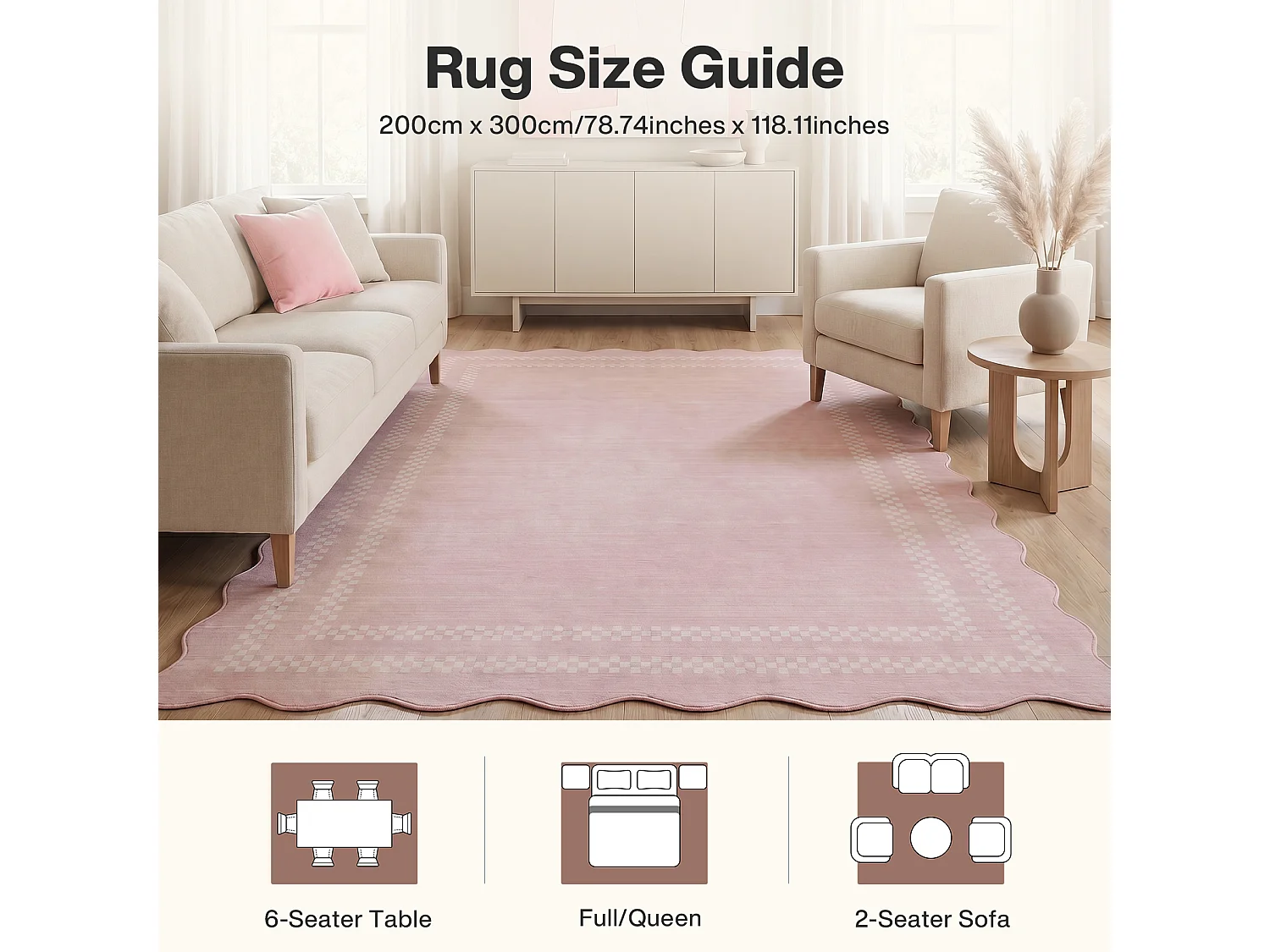 Tapis de salon modernes - Motif vagues, lavable - 200 x 300 cm, rose