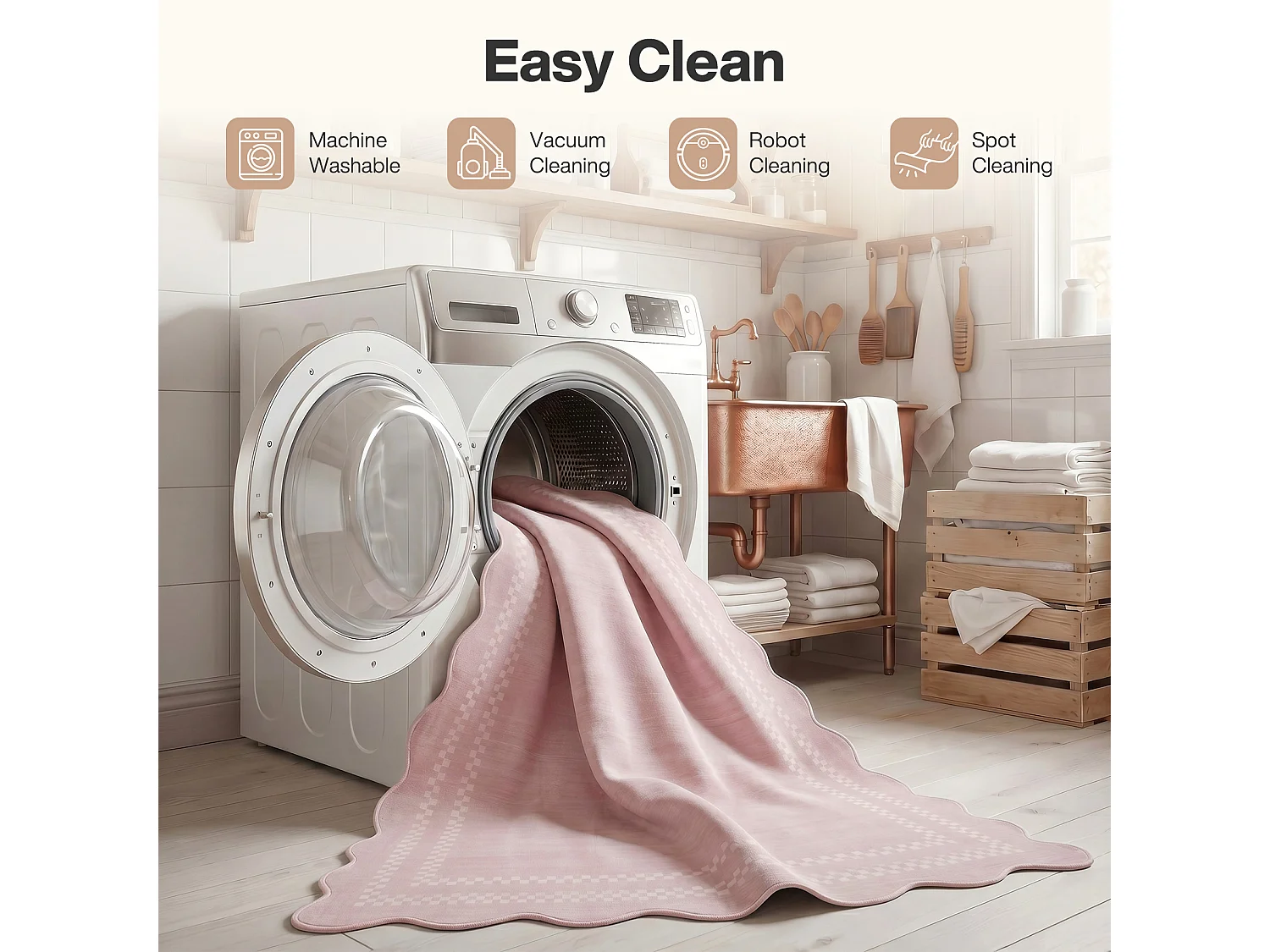 Tapis de salon modernes - Motif vagues, lavable - 200 x 300 cm, rose