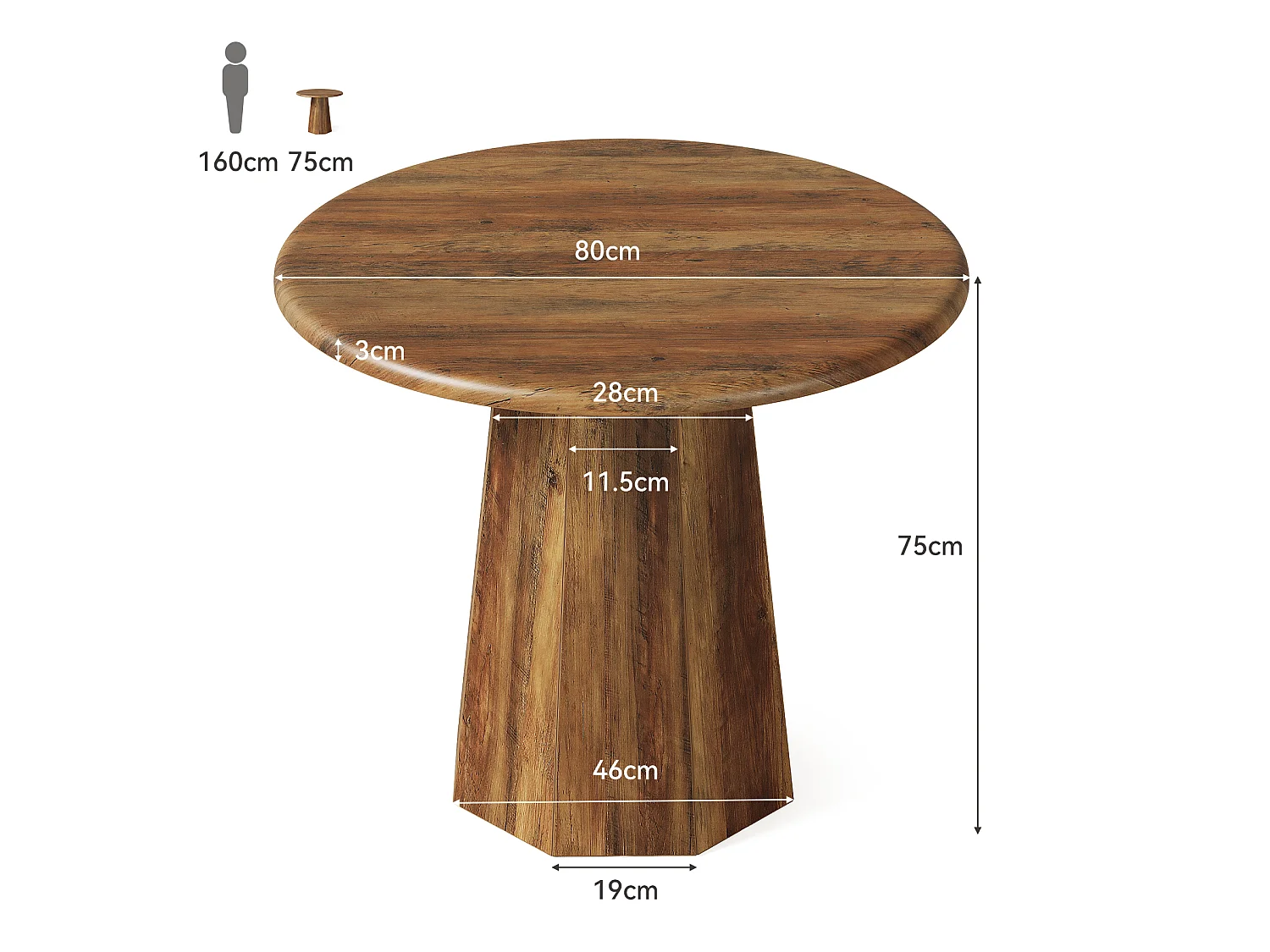 Ronde eettafel voor 2 personen - MDF - Donker naturel 80 x 80 x 75 cm Stoelen niet inbegrepen