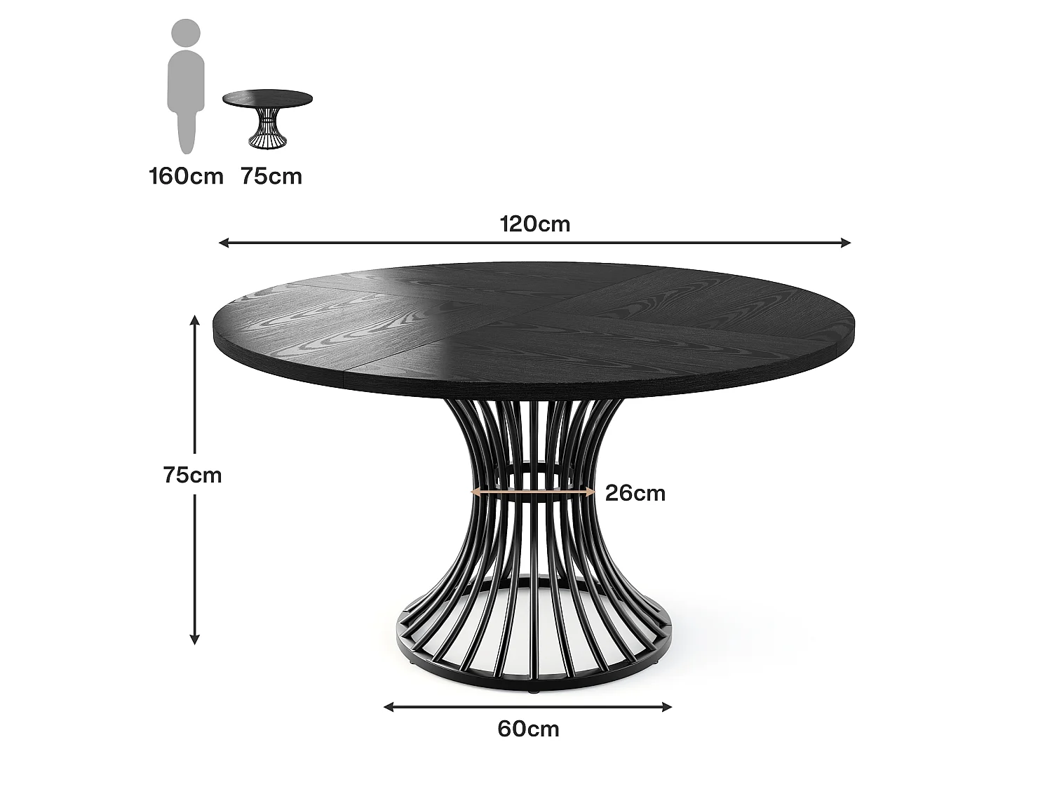 Runt matbord för 4 personer med metallbas - MDF - Svart 119 x 119 x 76,5 cm Stolar ingår ej