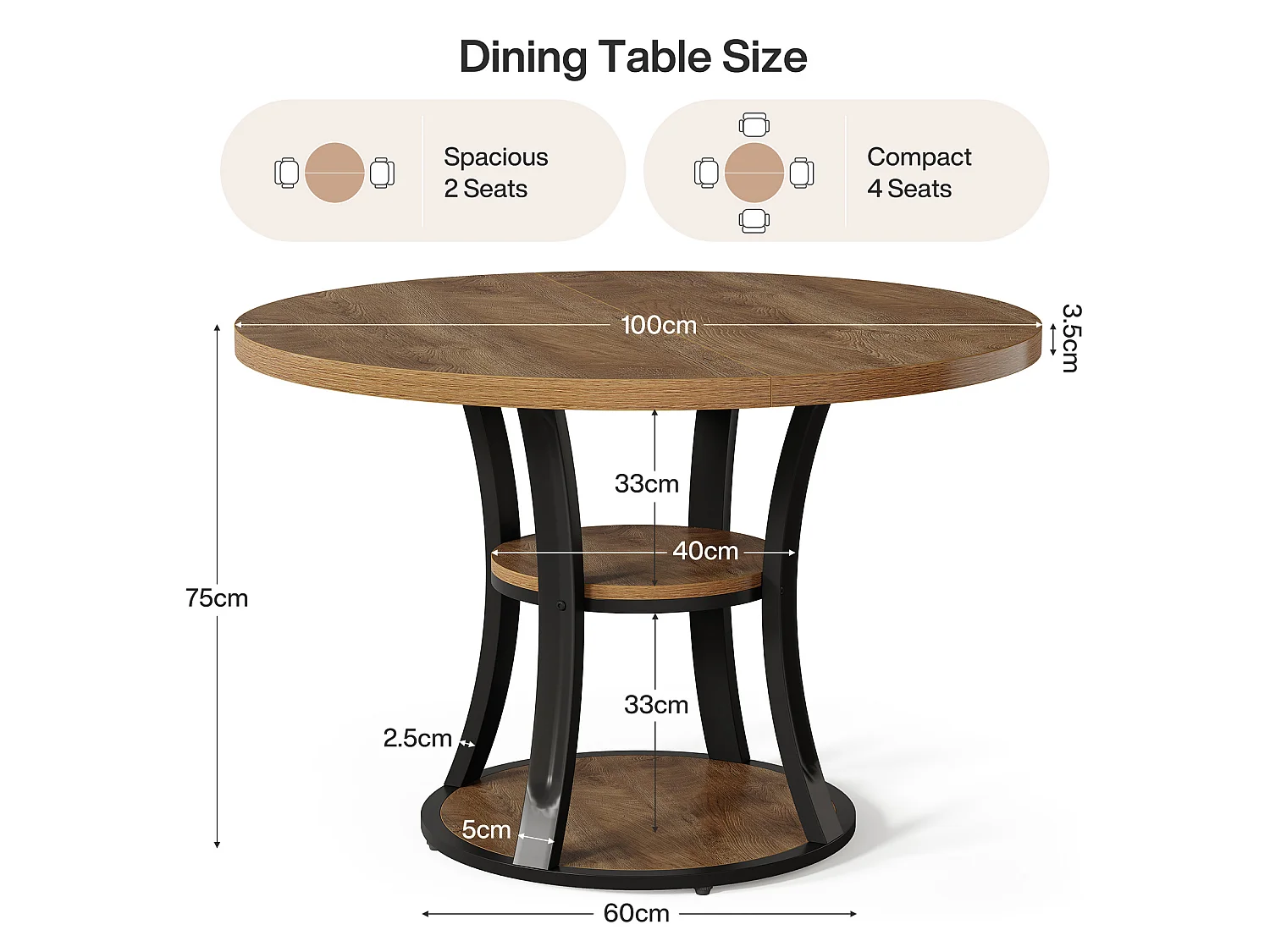 Vierkante eettafel voor 4 personen met metalen onderstel - MDF - Bruin 100 x 100 x 75 cm Stoelen niet inbegrepen