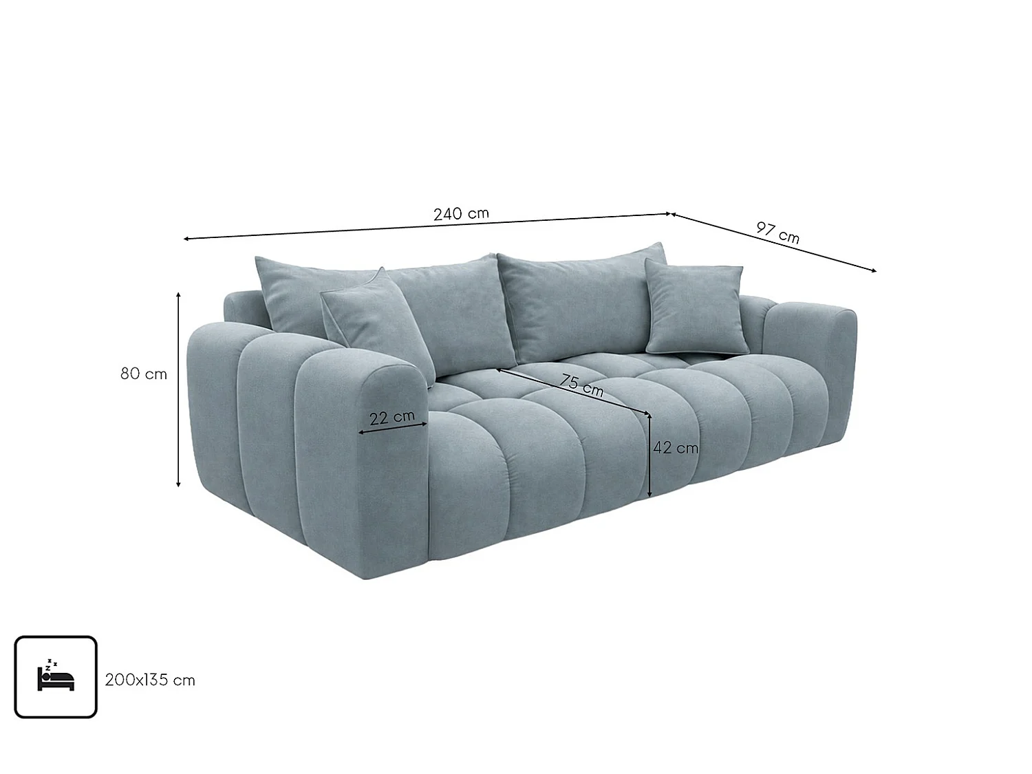 Divano letto con contenitore, tessuto velluto Bluvel, Grigio blu, COSMOPOLITAN
