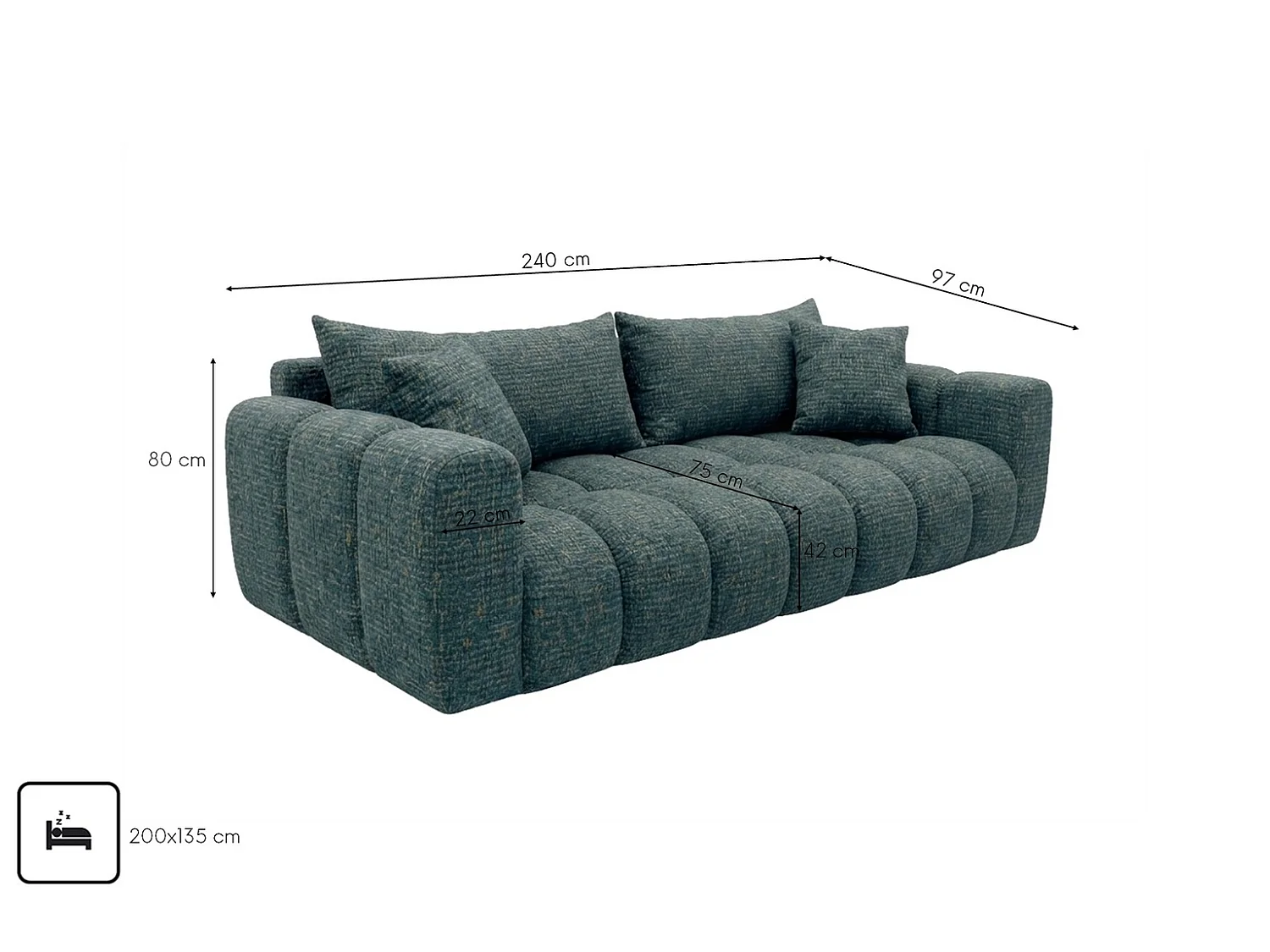 Sofa z funkcją spania i pojemnikiem, tkanina szenilowa Puente, Lazurowy, COSMOPOLITAN