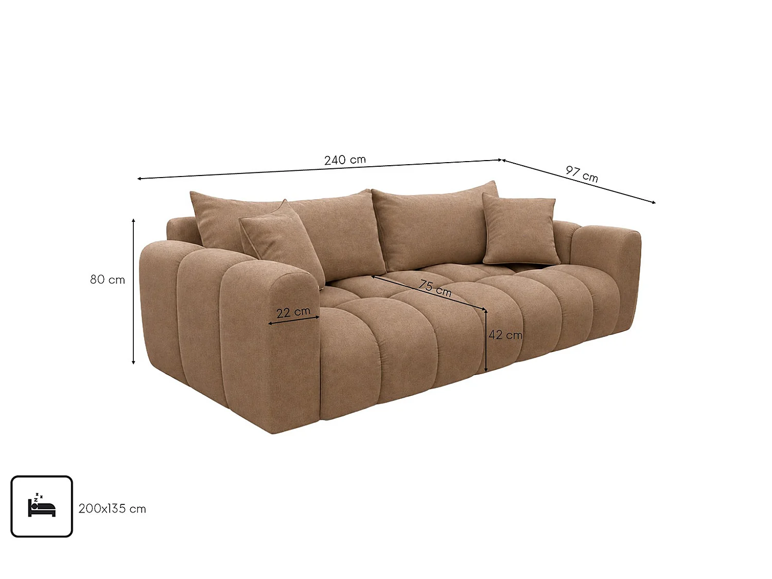 Schlafsofa mit Bettkasten, Veloursstoff Bluvel, Latte, COSMOPOLITAN
