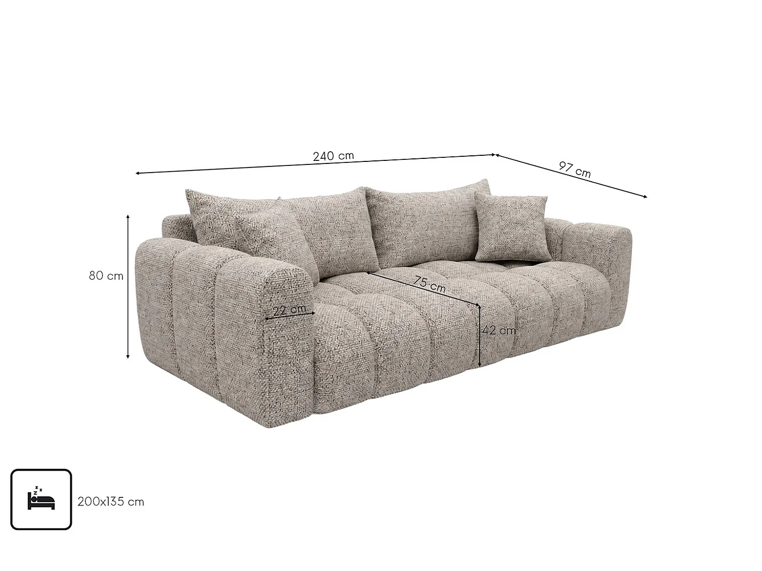 Sofa z funkcją spania i pojemnikiem, tkanina szenilowa Puente, Beżowy, COSMOPOLITAN