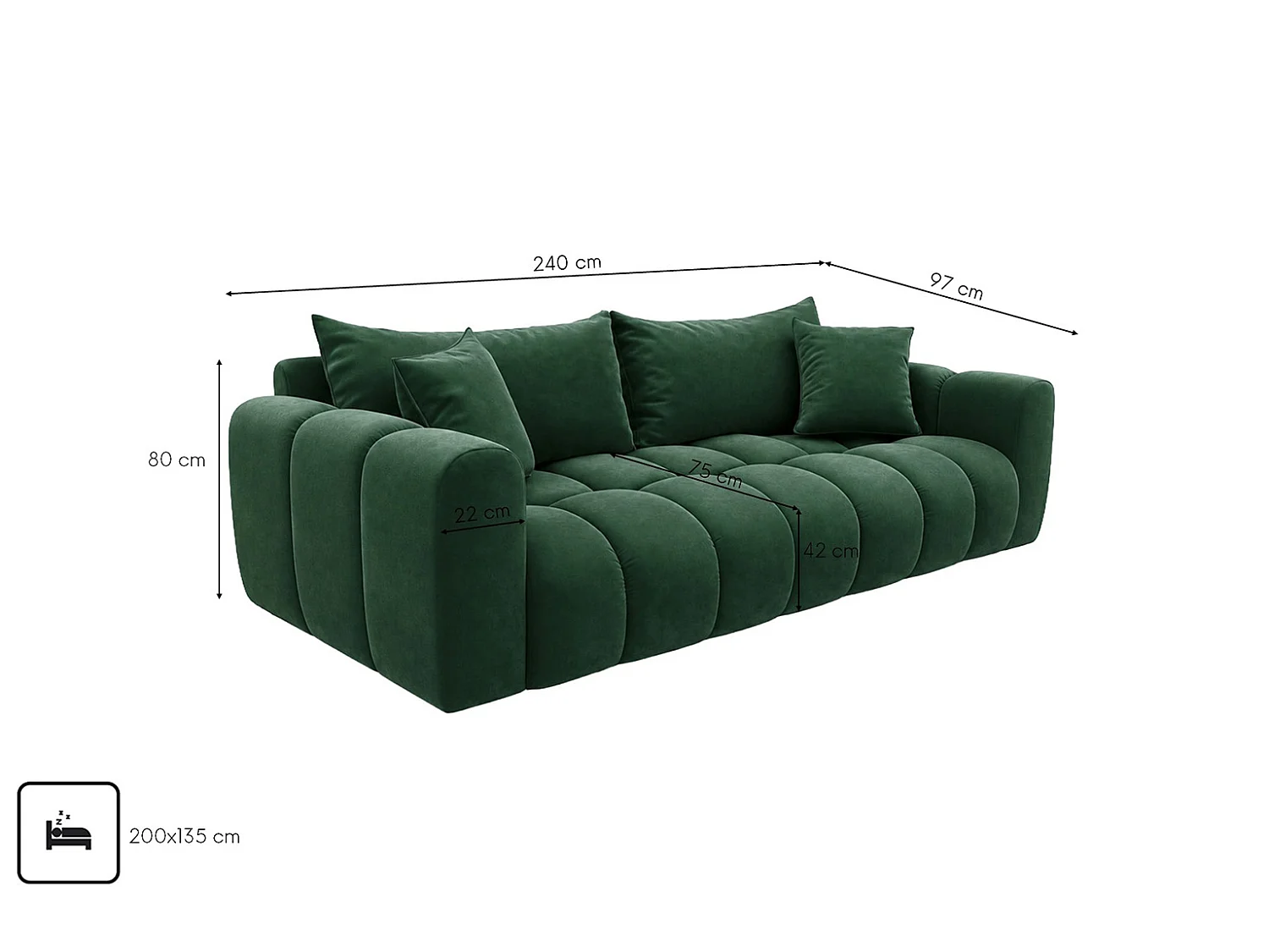 Schlafsofa mit Bettkasten, Veloursstoff Bluvel, Grün, COSMOPOLITAN