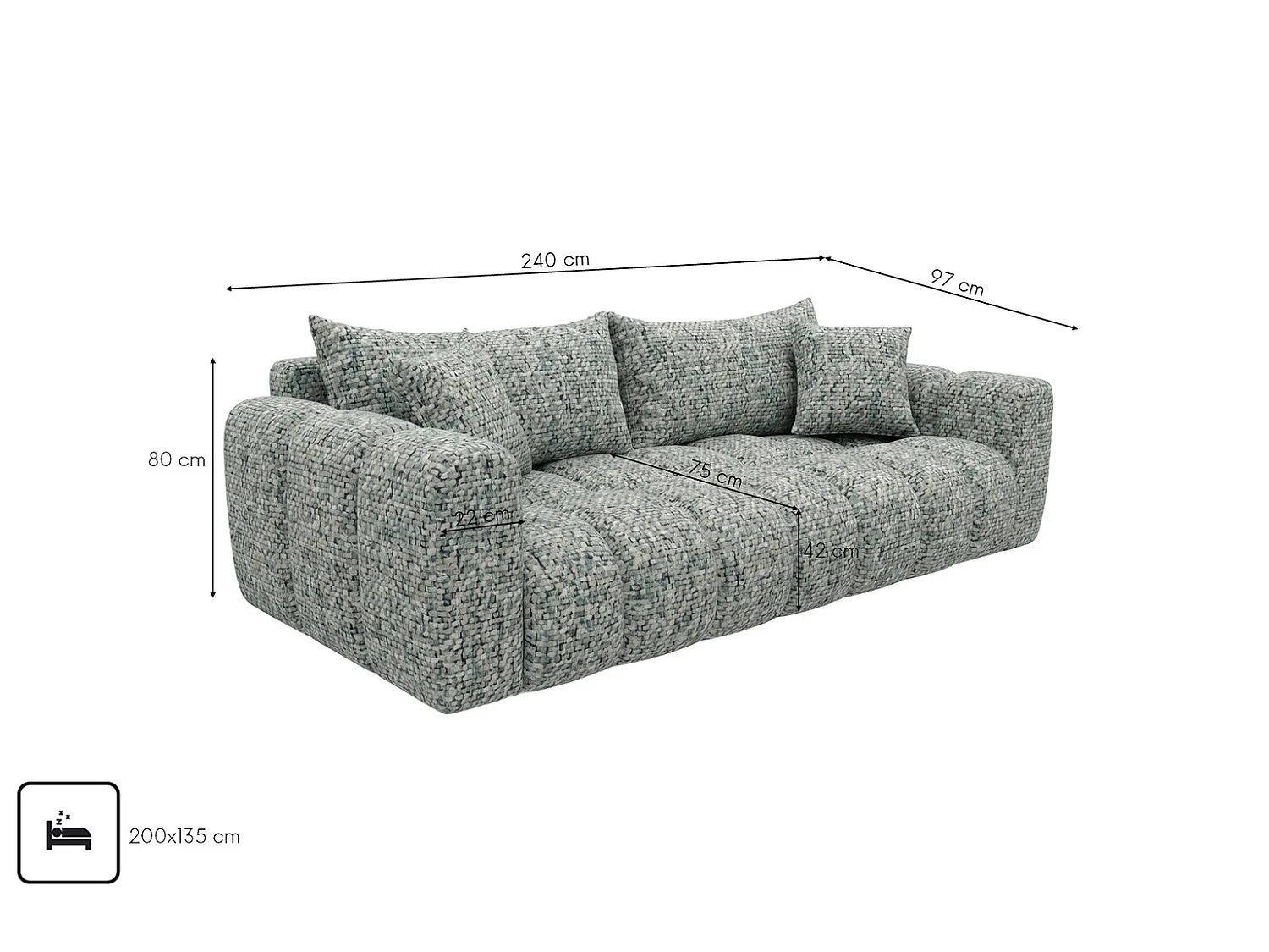 Sofa z funkcją spania i pojemnikiem, tkanina szenilowa Puente, Miętowy, COSMOPOLITAN