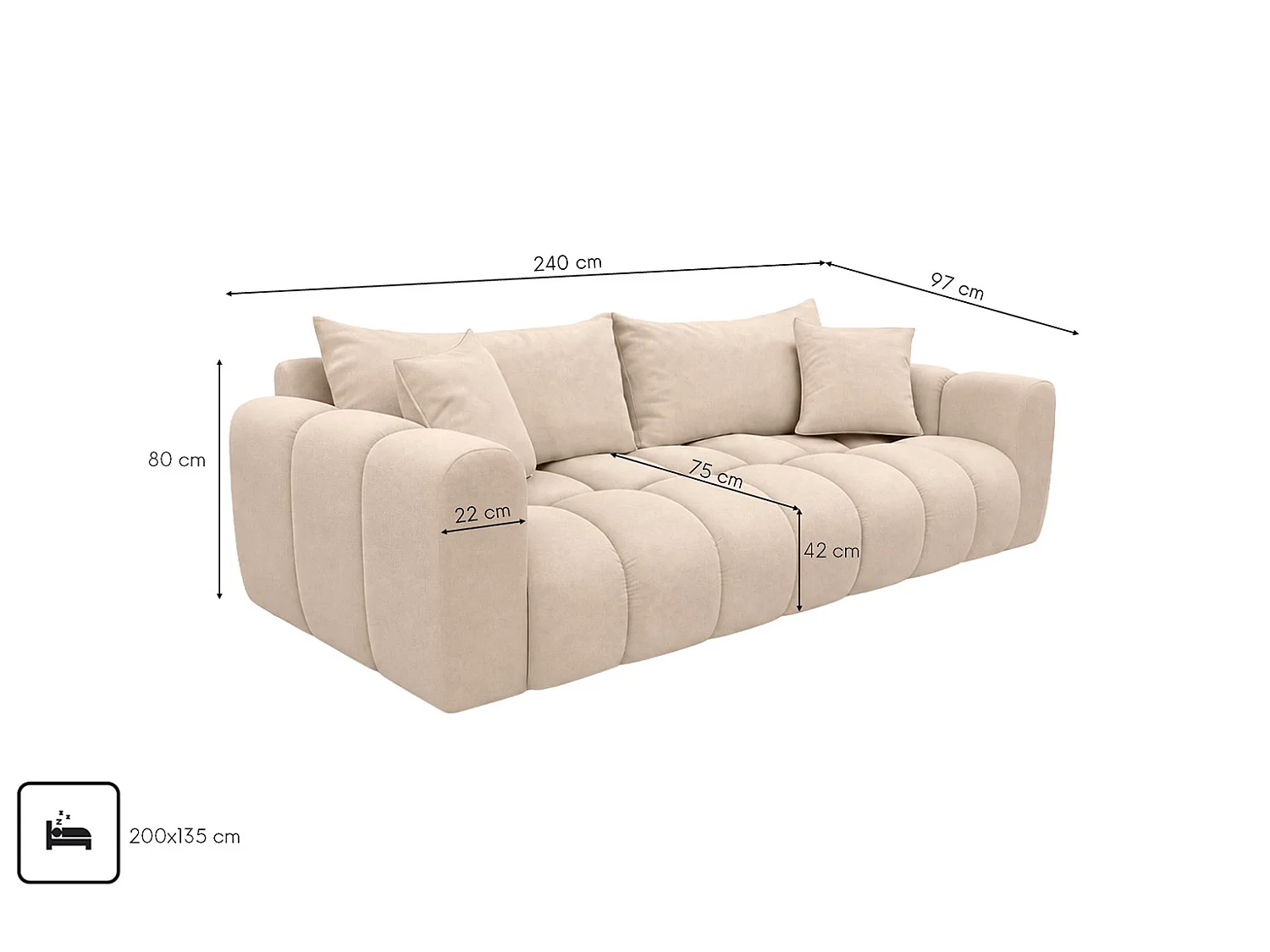Sofa z funkcją spania i pojemnikiem, tkanina welurowa Bluvel, Kremowy, COSMOPOLITAN