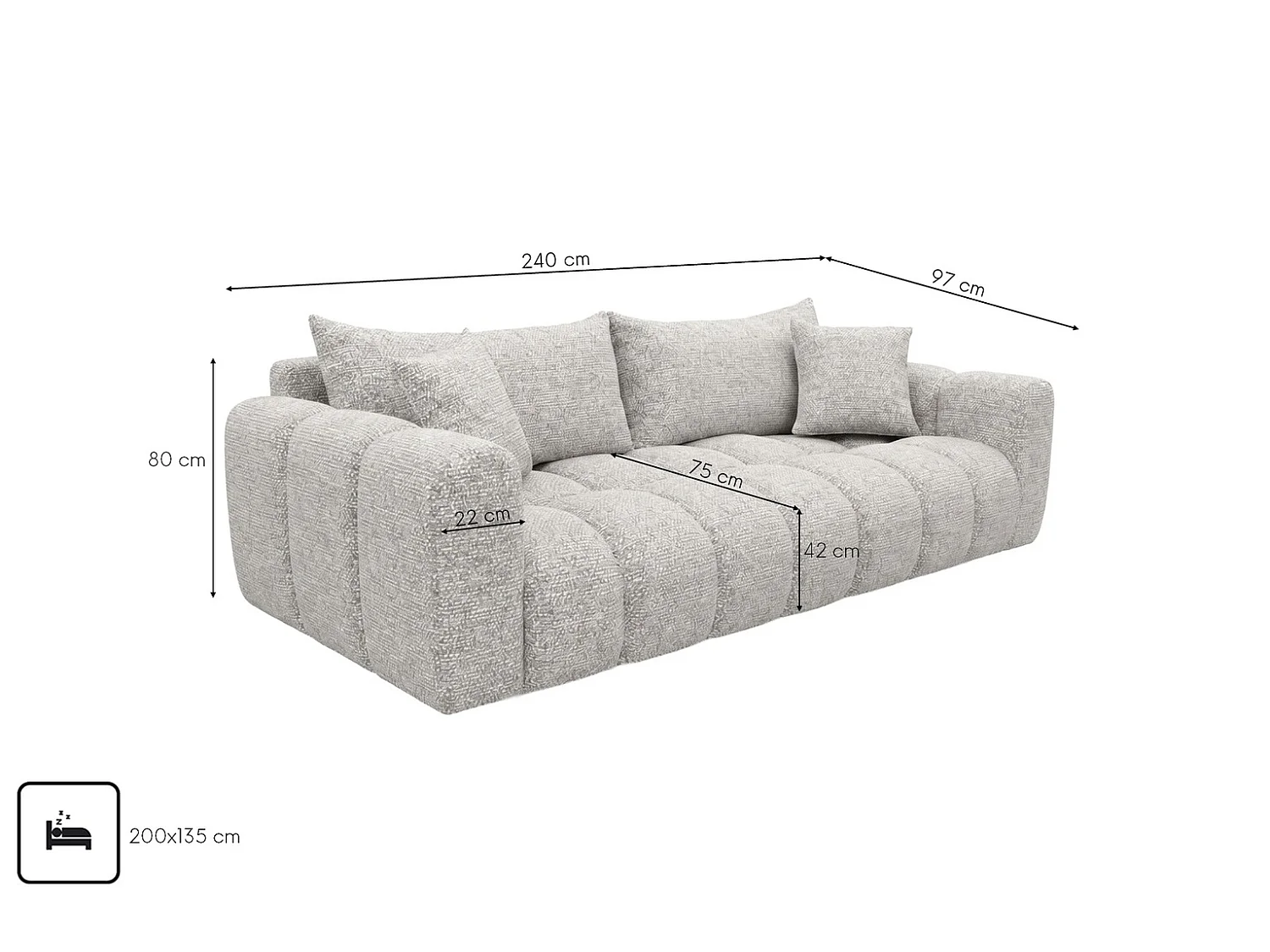 Sofa z funkcją spania i pojemnikiem, tkanina szenilowa Puente, Jasnoszary, COSMOPOLITAN