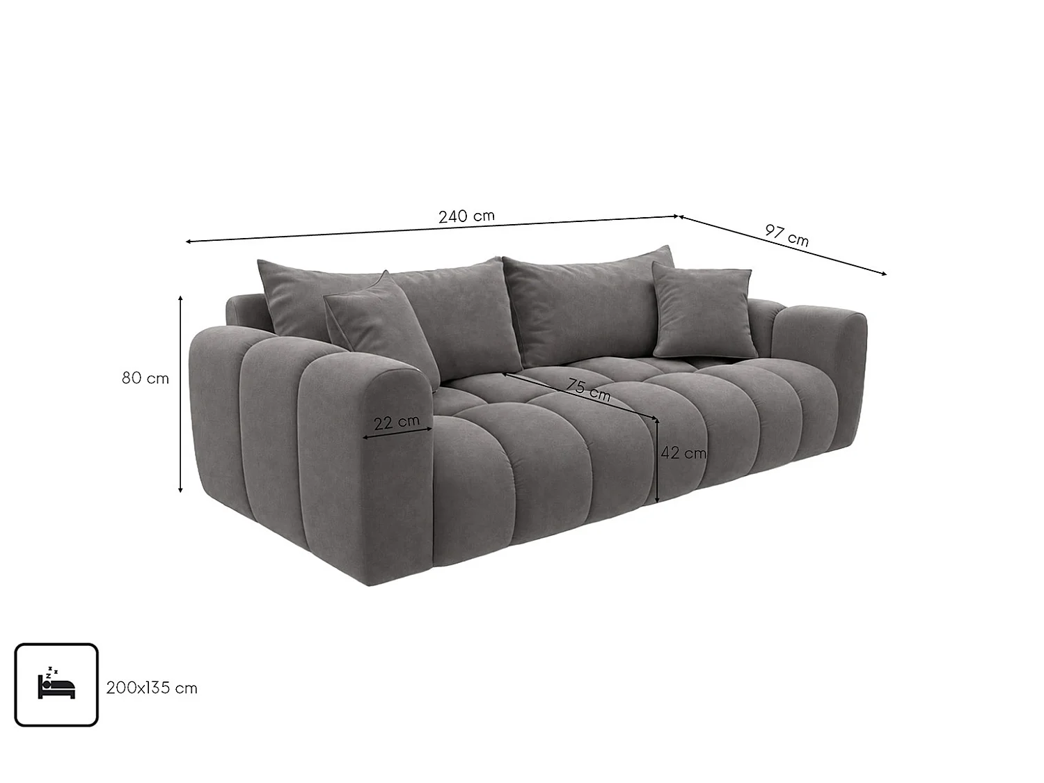 Schlafsofa mit Bettkasten, Veloursstoff Bluvel, Aschgrau, COSMOPOLITAN