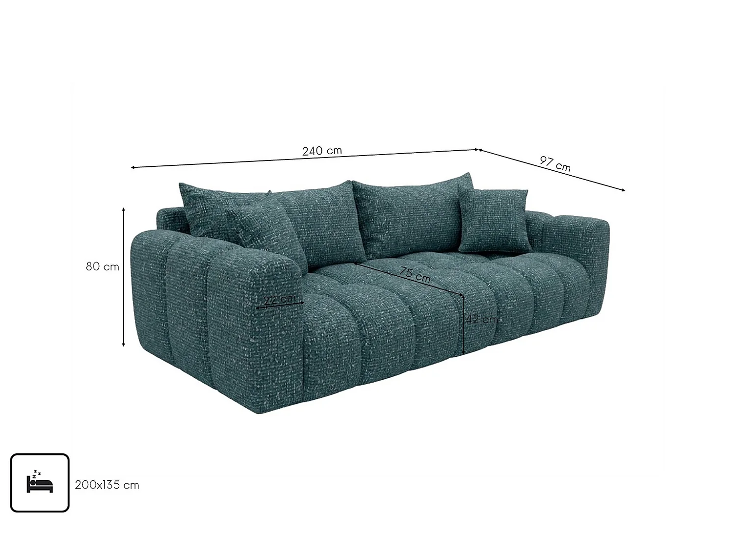 Sofa z funkcją spania i pojemnikiem, tkanina szenilowa Puente, Petrol, COSMOPOLITAN