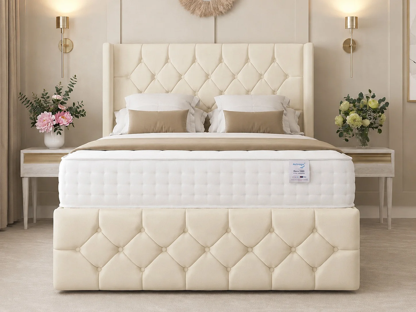 Deluxe Ottoman Upholstered Divan Bed with 54" Headboard (Cream) - 135 x 190 cm