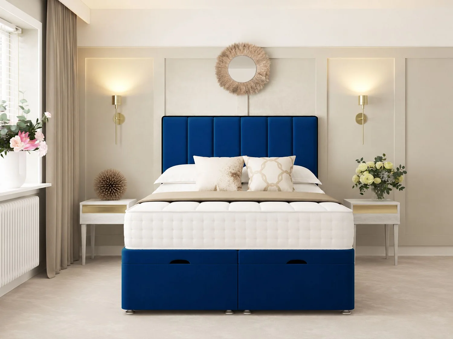 Herringbone Ottoman Upholstered Divan with 54" Headboard (Blue) - 90 x 190 cm