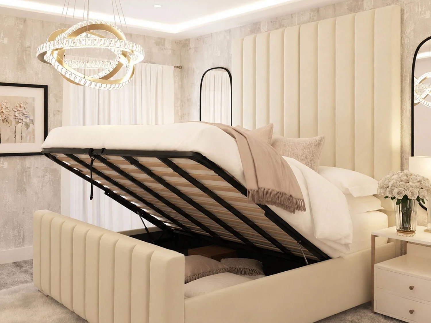 Kensington Luxury Panelled Ottoman Bed Frame with Gas Lift Storage (Cream) - 120 x 190 cm